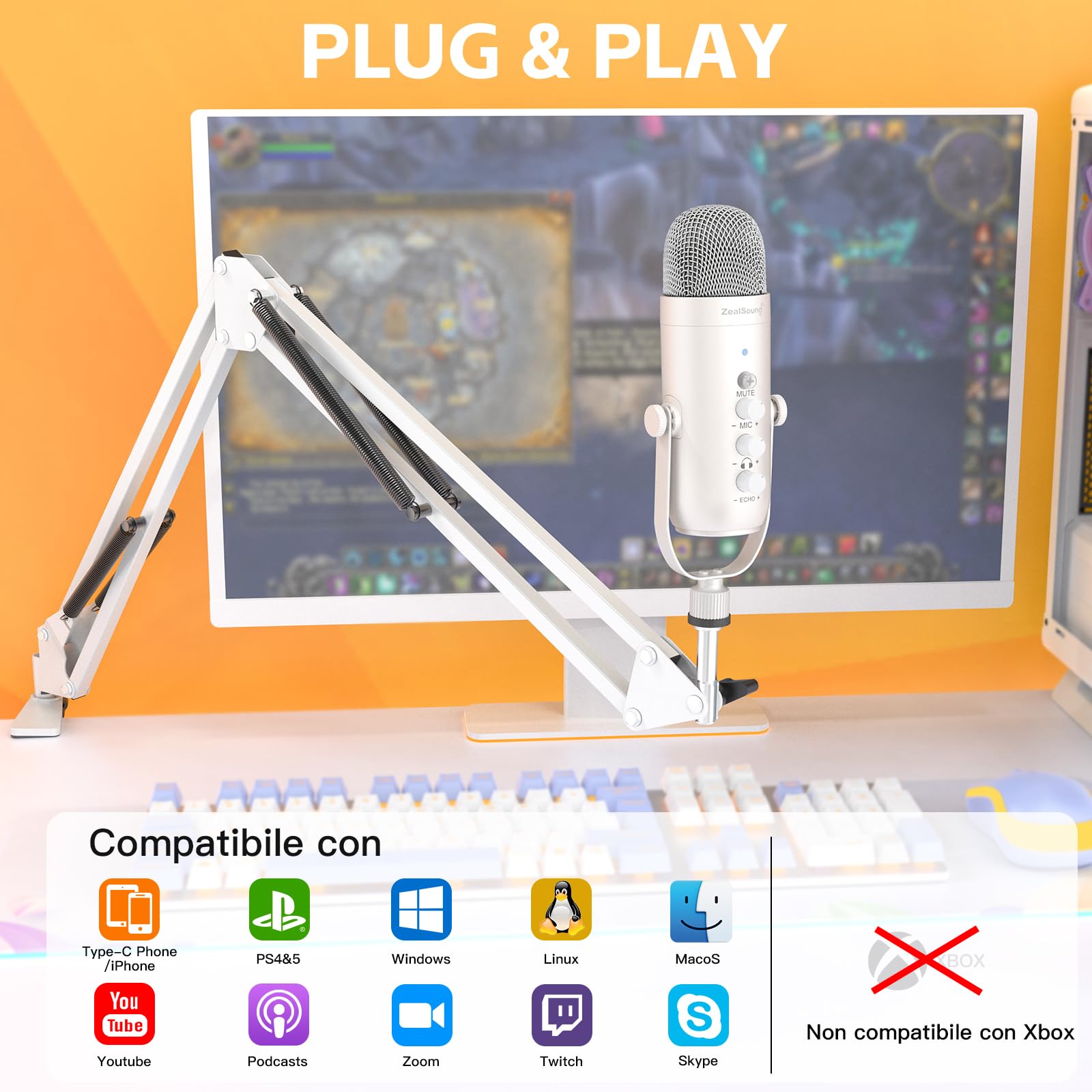 zealsound Microfono USB, condensatore podcast per computer PC Plug&Play, kit microfono cardioide in metallo con chipset audio professionale per registrazione, giochi, canto, YouTube, bianco
