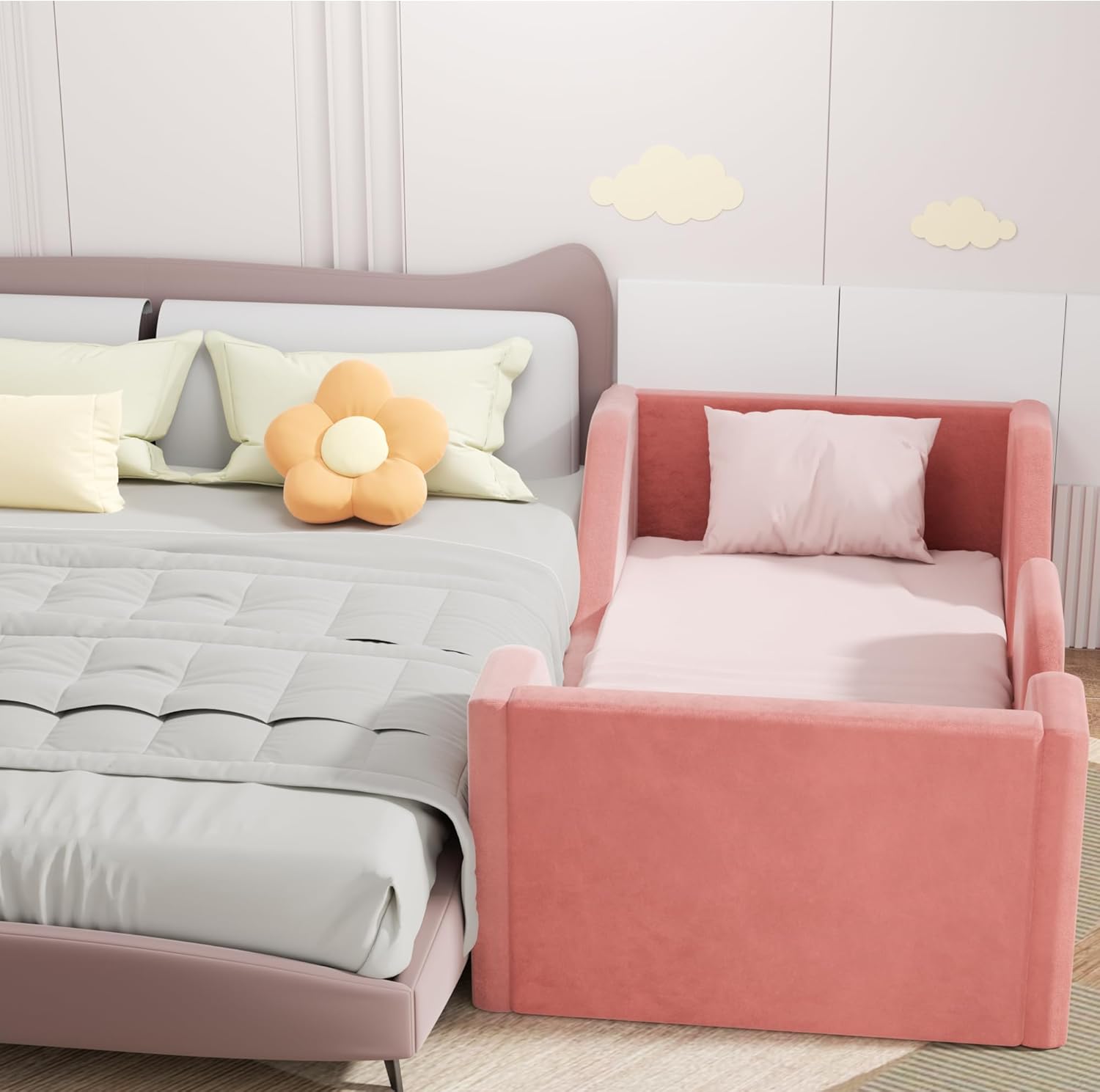 Toddler Bed, Toddler Flood Bed with Extra Safety Broad, Standard Crib Size for Kids, Certified Fabric Toddler Beds, Pink