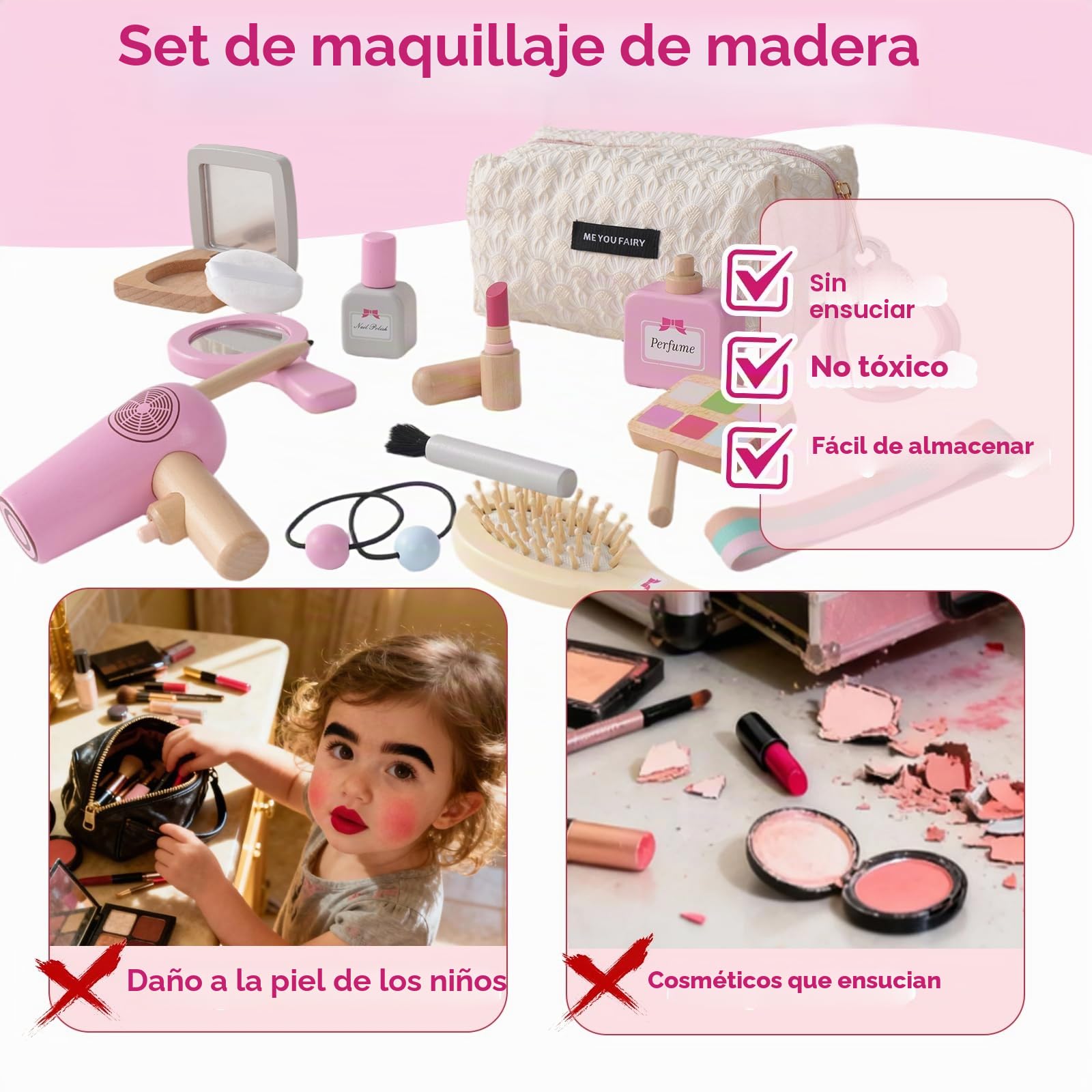Juego de juguetes de maquillaje de madera para niños pequeños, juego de simulación para niños, juguetes de juego de rol para niños, juguetes de salón de cosméticos falsos, accesorios de vestir