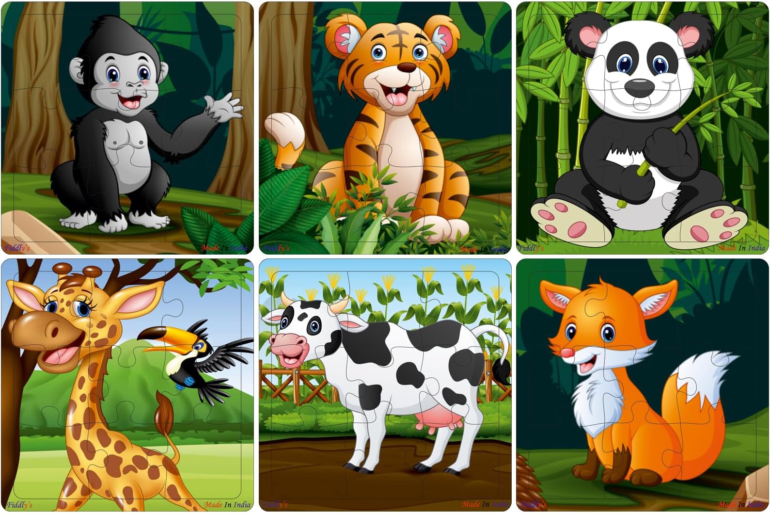 Fiddlys Wooden Jigsaw Puzzles for Kids & Children โ 9 Pieces Each, Pack of 6|Double Layered Front & Back Print| Educational Toy for Boys & Girls Age 2 3 4 5 6 Year Old (Wild & Pets Animal)