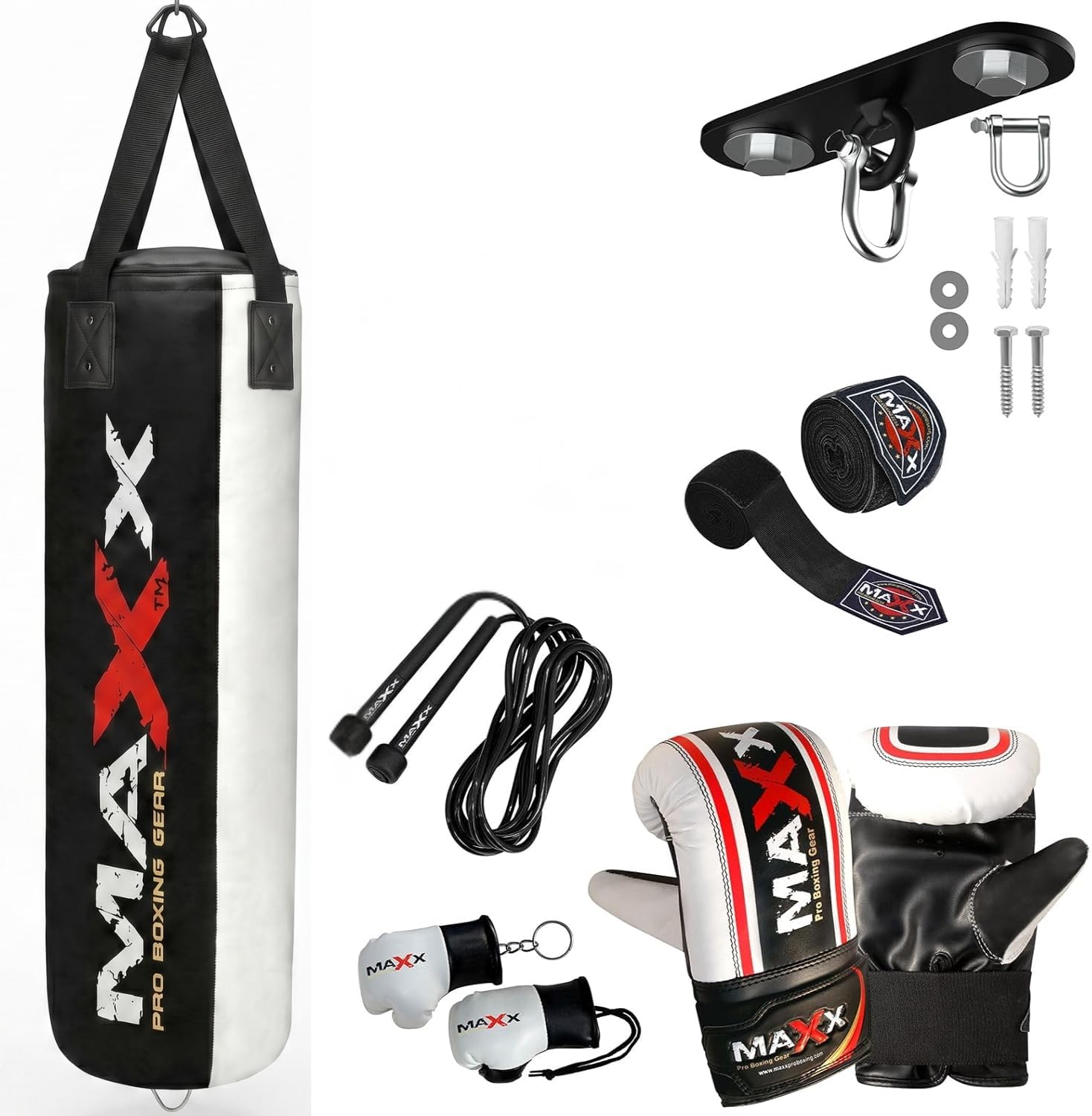 Maxx Black and White 3ft 4ft 5ft 6ft Filled Hanging Boxing Punch Bag Set Heavy Punching bag (10pcs set with Hook, 5FT) โ image 1