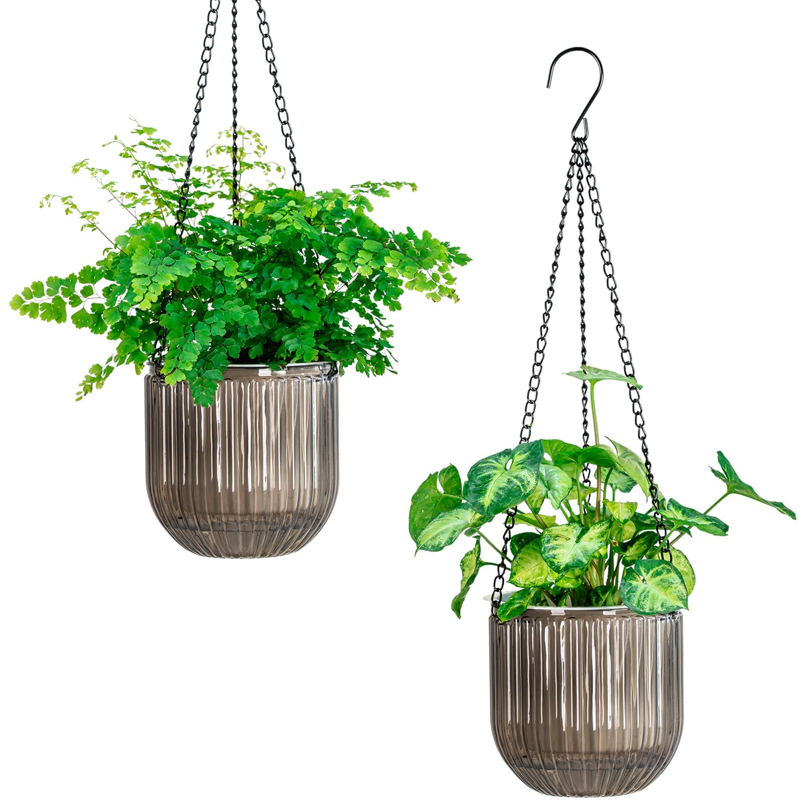 Melphoe 2 Pack Self Watering Hanging Planters Indoor Flower Pots, 5.3 Inch Outdoor Hanging Basket, Plant Hanger with 3Hooks Drainage Holes for Garden