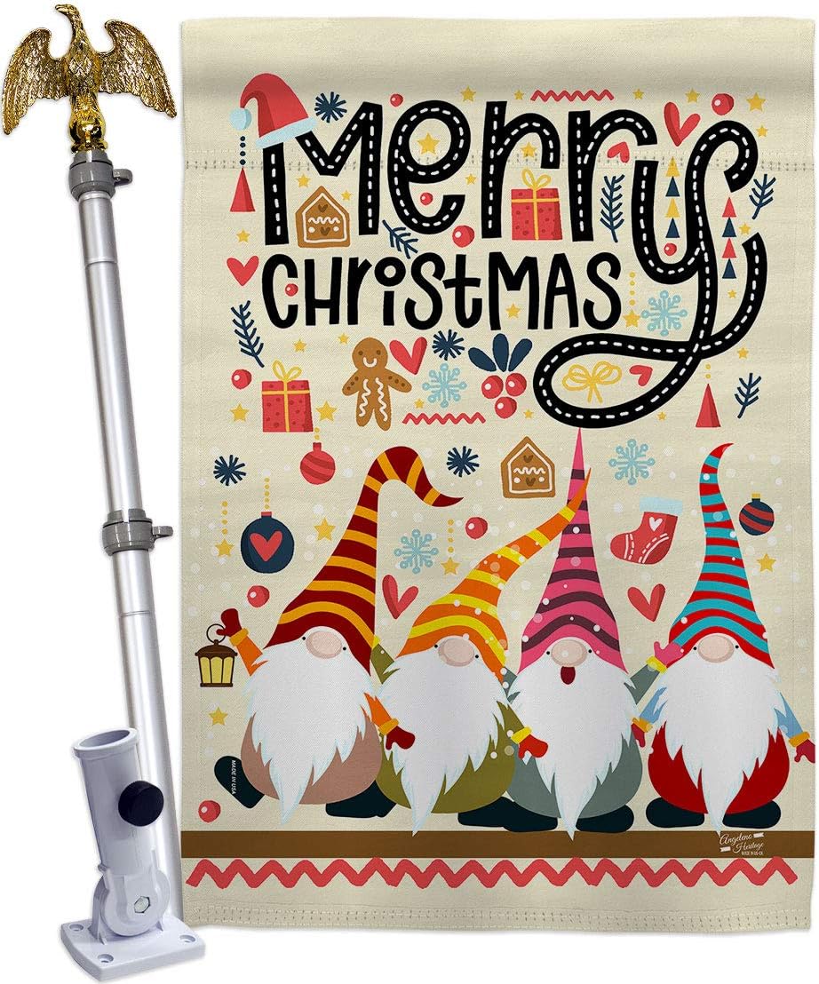 Christmas Gnome House Flag Dowel Set Wintertime Santa Marry Xmas Present Reindeer Season Snow Small Decorative Gift Yard Banner Made In USA 28 X 40