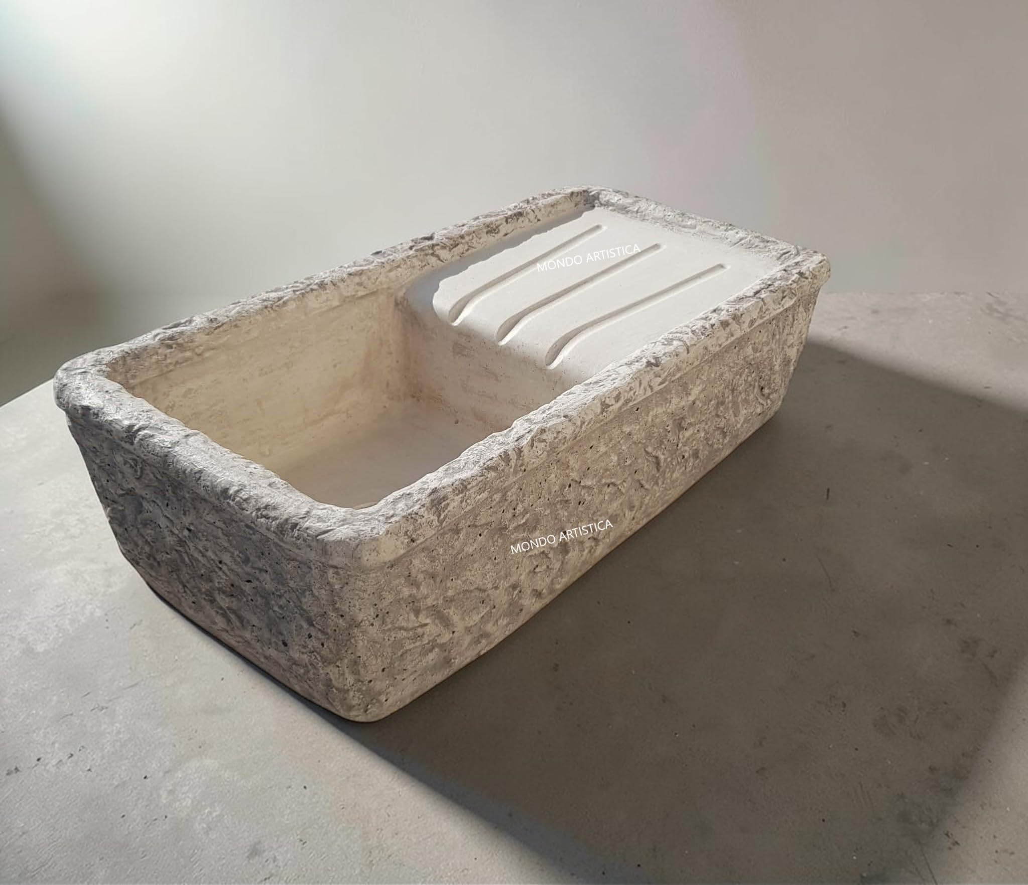 Lavandino Da Esterno, Lavabo Per Giardino, Pilozzo Con Vasca E Gocciolatoio, Fontana Altezza 22 cm, Larghezza 80x40 Cm, In Cemento Bianco E Polvere Di Marmo, Colore Sfumato Grigio, Mondo artistica