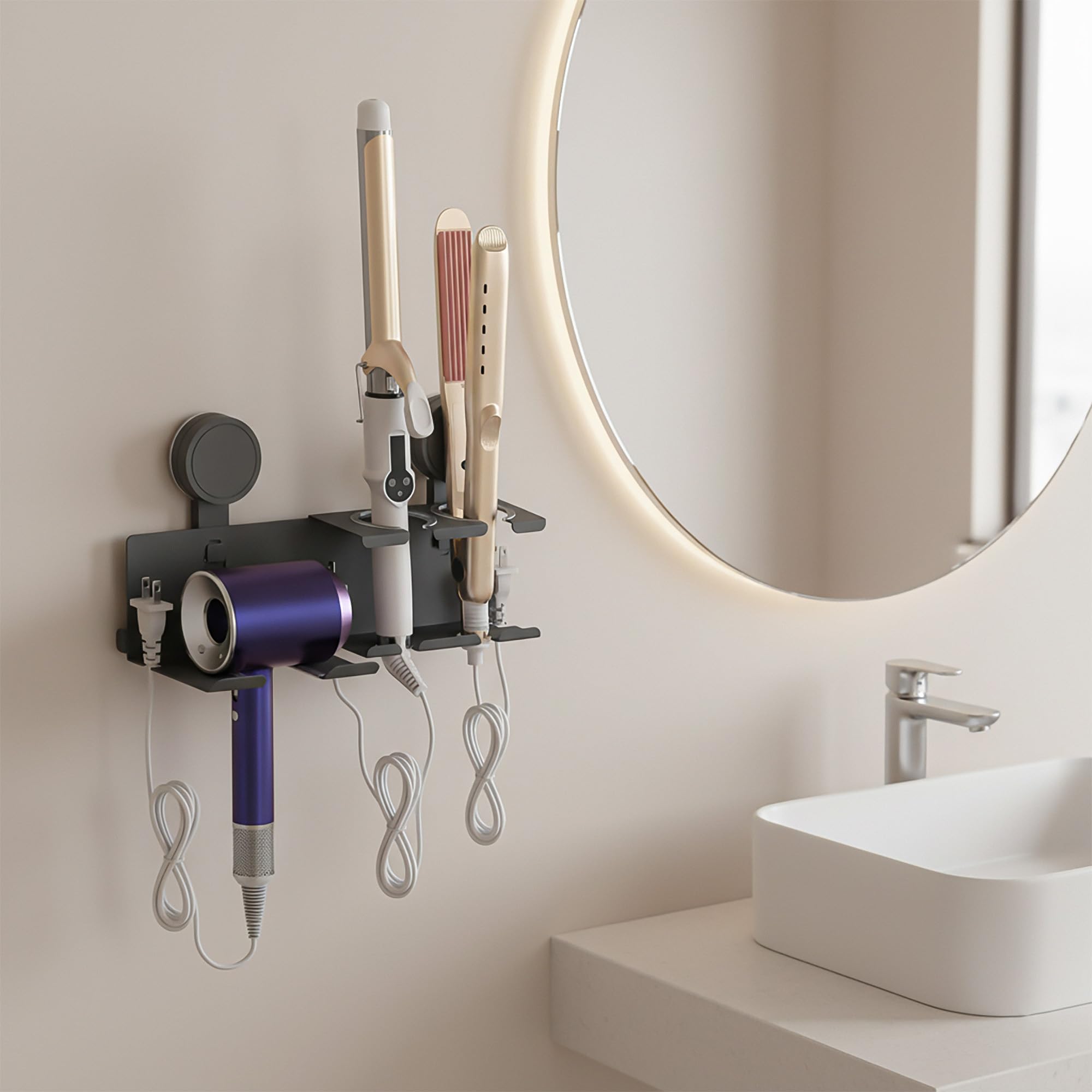 Linkidea Supporto per asciugacapelli in lega di alluminio con contenitore per ferro arricciacapelli, organizer per strumenti per lo styling dei capelli, per bagno, vanità, piano di lavoro, scaffale