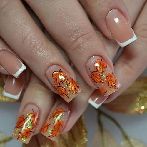 Fall Press on Nails White French Tip Fake Nails Short