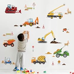 Paneles Decorativos Infantiles Para Paredes decalmile Pegatinas de Pared Coches Infantiles de Construcción Vehículos Vinilos Decorativos Camiones Excavador Adhesivos Pared Habitación Niños Guardería