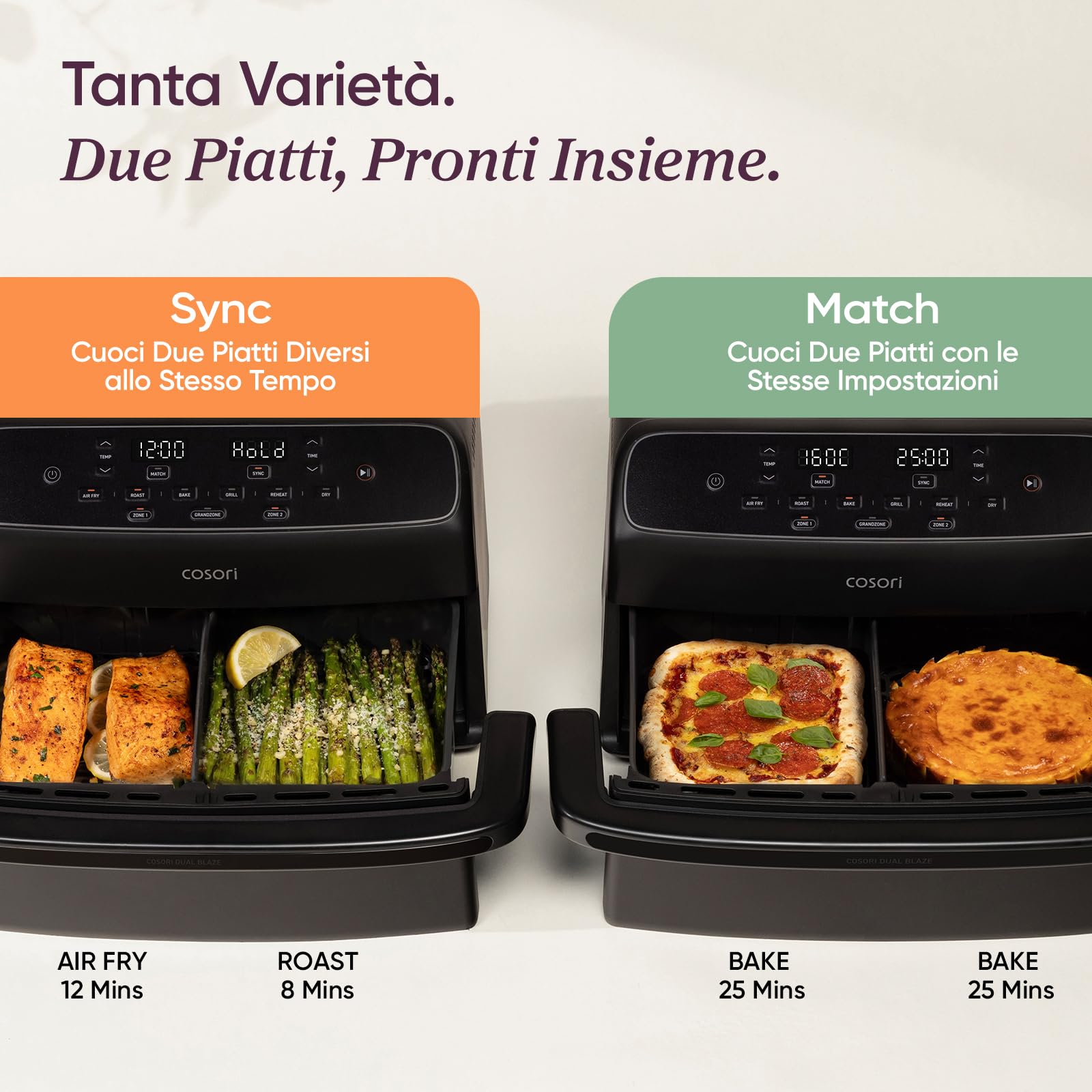Cosori Friggitrice ad Aria Twinfry Compact 8,6 Litri, Doppio Cestello 4,3L+4,3L e Separatore Rimovibile, Doppia Resistenza Air Fryer, Rivestimento Ceramico No PFAS, 6 Funzioni, 35-240℃, 2700W