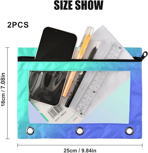 Miniatura 3 de Estuche para lápices de 3 anillas, color verde azulado, crema y morado, paquete de 2 unidades, estuche de plástico transparente impermeable con