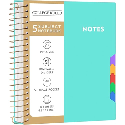 CAGIE Spiral Notebooks for School Work with Removable Dividers Tabs, Small A5 5 Subject Notebook College Ruled, Lined Journaling Notebook for Women Men Writing, Teal
