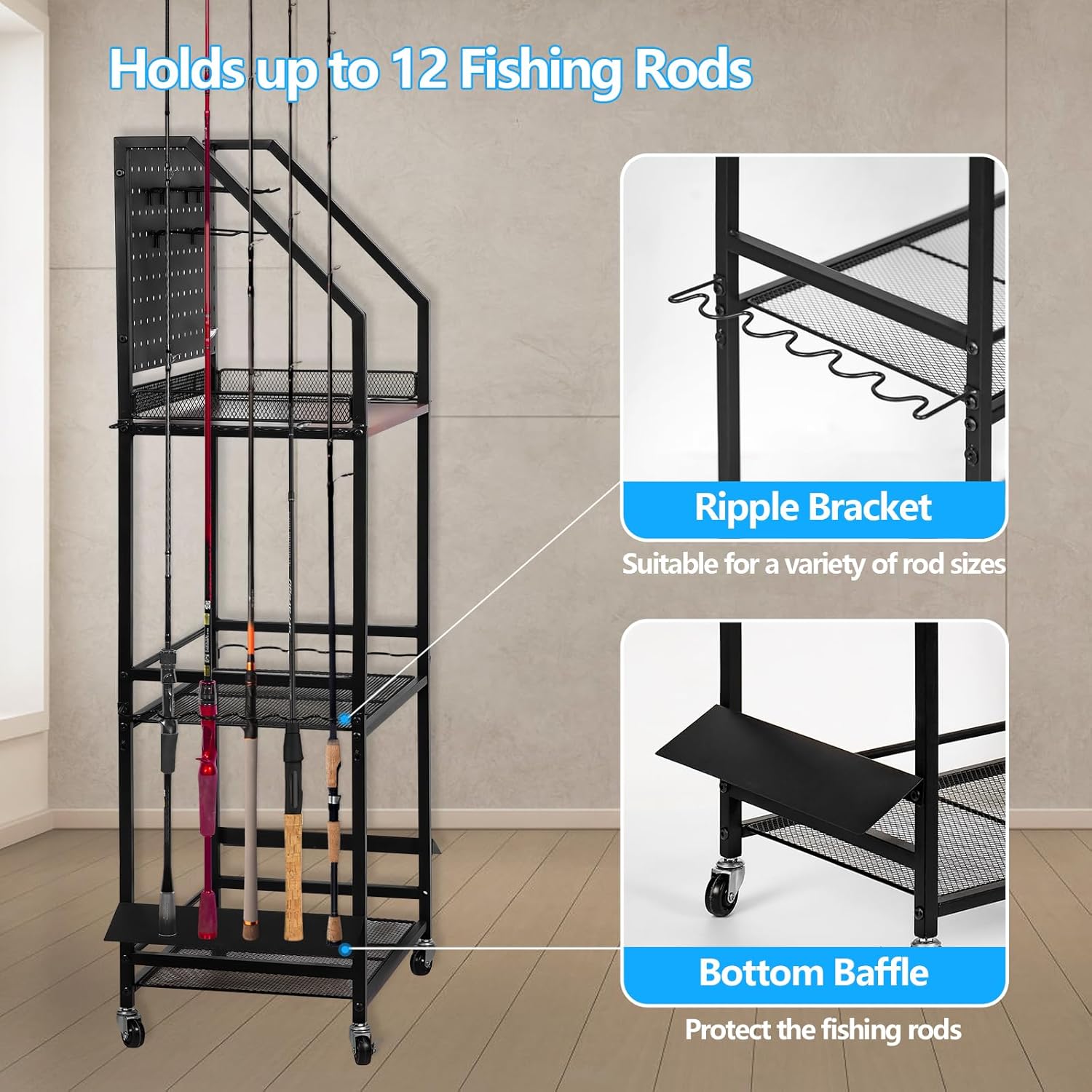 Fishing Rod Holder for Garage Organization, Fishing Rod Rack, Fishing Gear Storage up to 12 Rods with Pegboard & Hooks, Heavy Duty Fishing Cart with Wheels for Fishing Storage,Tackle Box (Large)