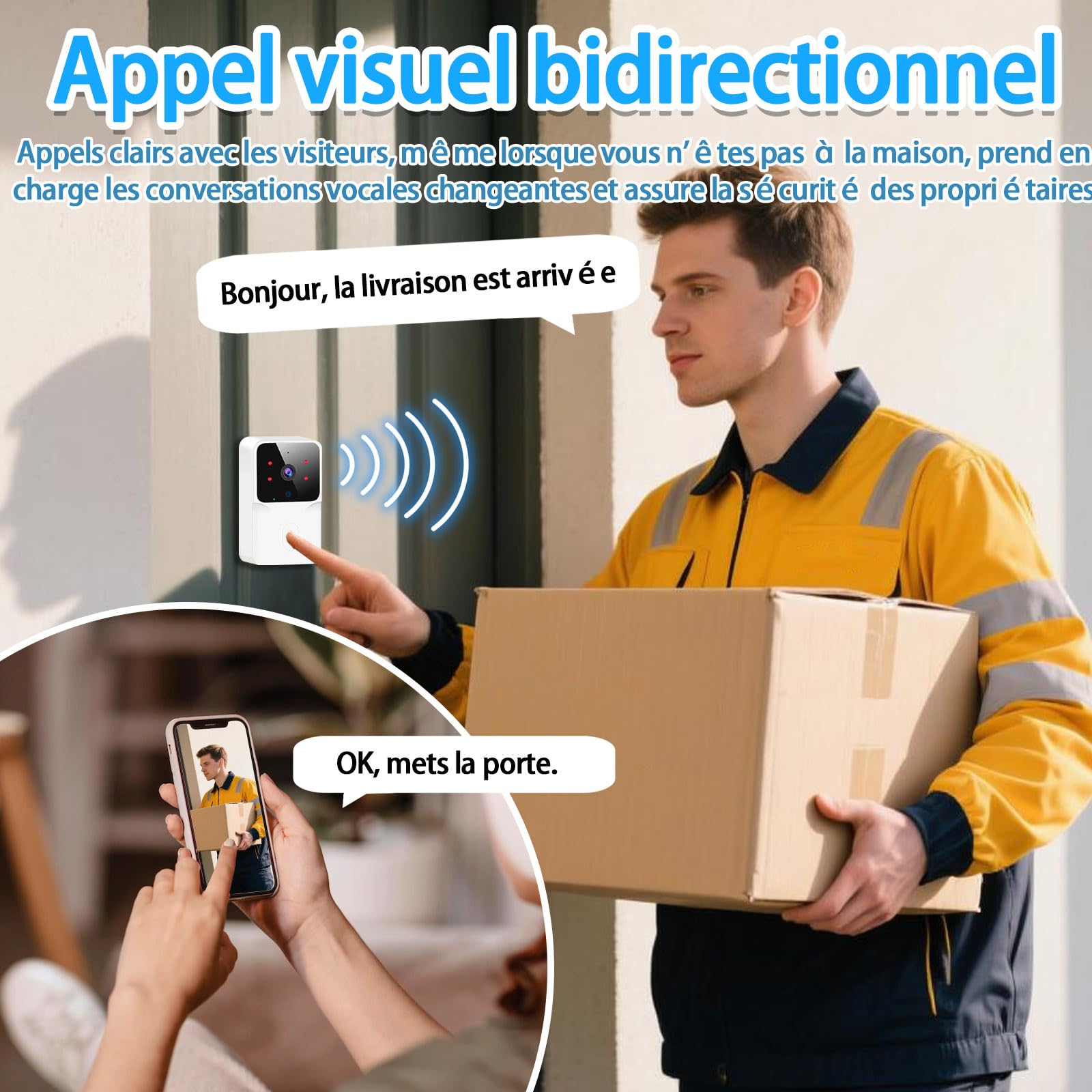 Générique Sonnette Vidéo WiFi 1080P HD avec Caméra et Vision Nocturne - Détection de Mouvement, Audio Bidirectionnel, Installation Facile - Sécurité Intelligente pour Maison