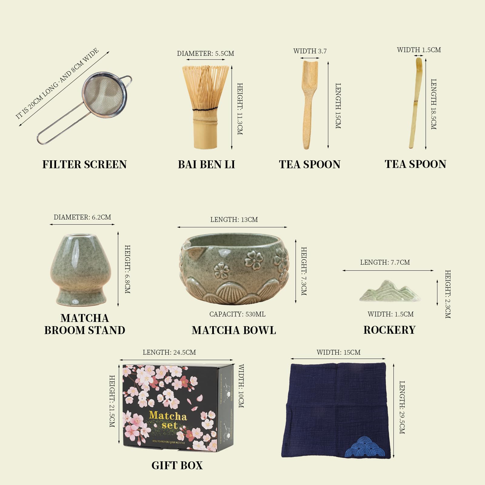 Set di ciotole in ceramica per matcha, 8 pezzi, Frullino Matcha, Ciotola Matcha con beccuccio, Filtro, Supporto e Cucchiaio, Set per Cerimonia del Tè Artigianale, Verde