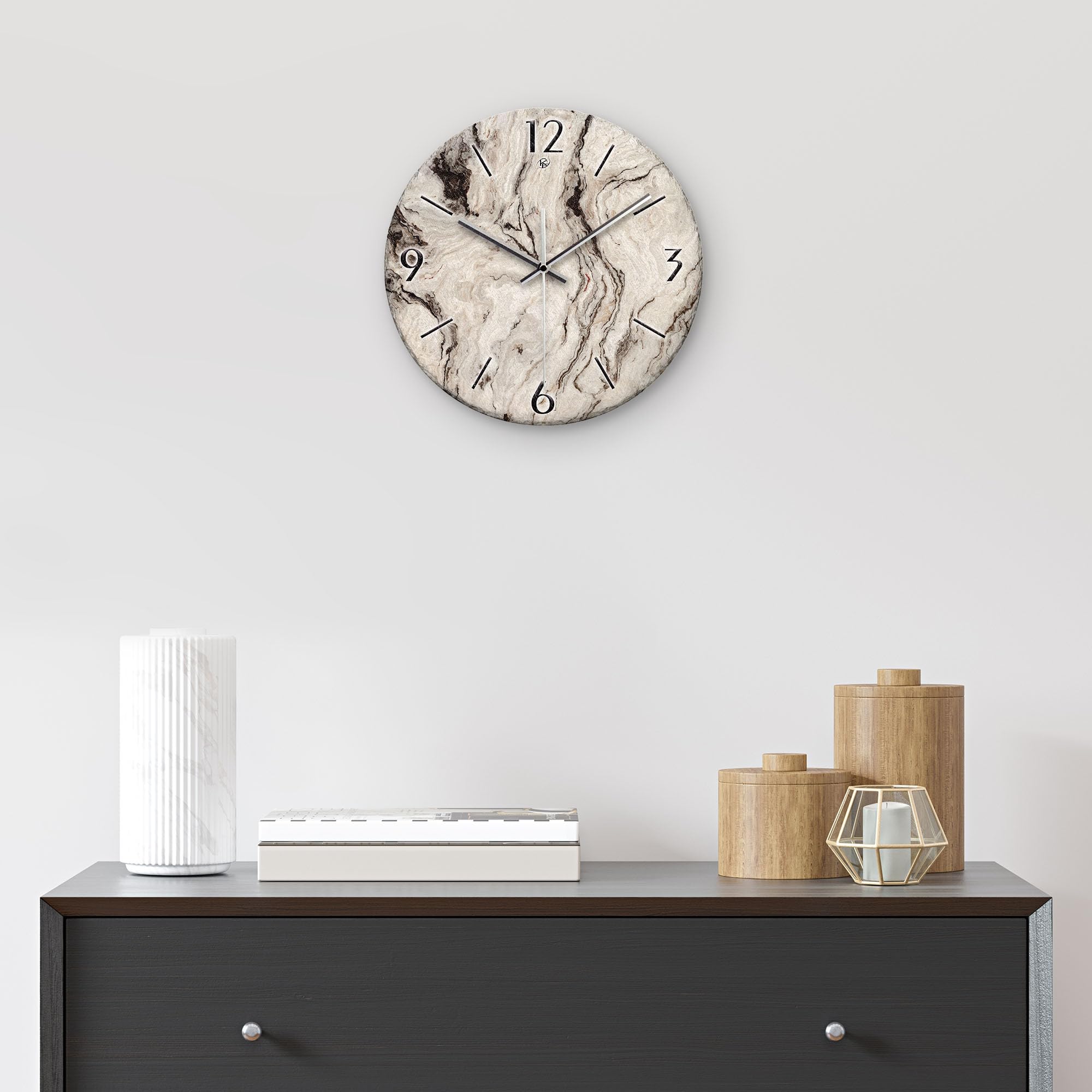 Kreative Feder Wanduhr „Marmor-Optik“ aus Stein (Keramik) in Schiefer-Optik; Durchmesser 30cm; mit leisem Uhrwerk (Marmor-Optik, leises Quarzuhrwerk)