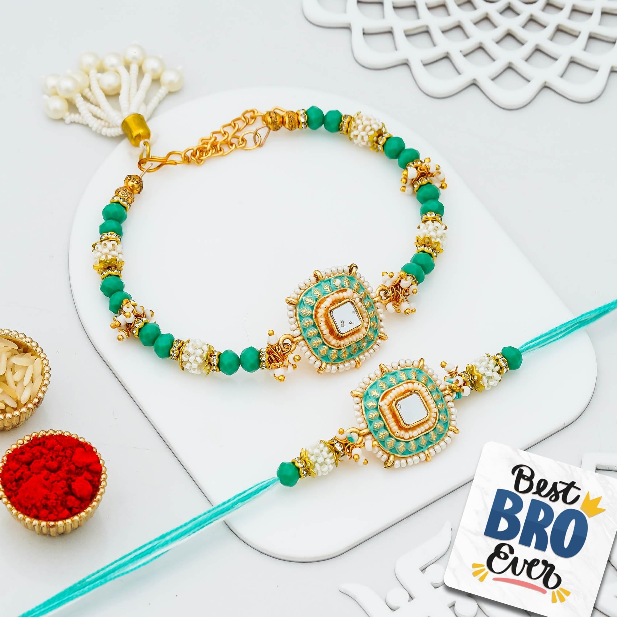 eCraftIndia Green & White Beads Designer Kundan Rakhis for Brother and Bhabhi | Bhaiya Bhabhi Rakhi Set of 2 | Lumba Rakhi | Best Bro Ever Fridge Magnet | Roli Chawal Pack-image-42