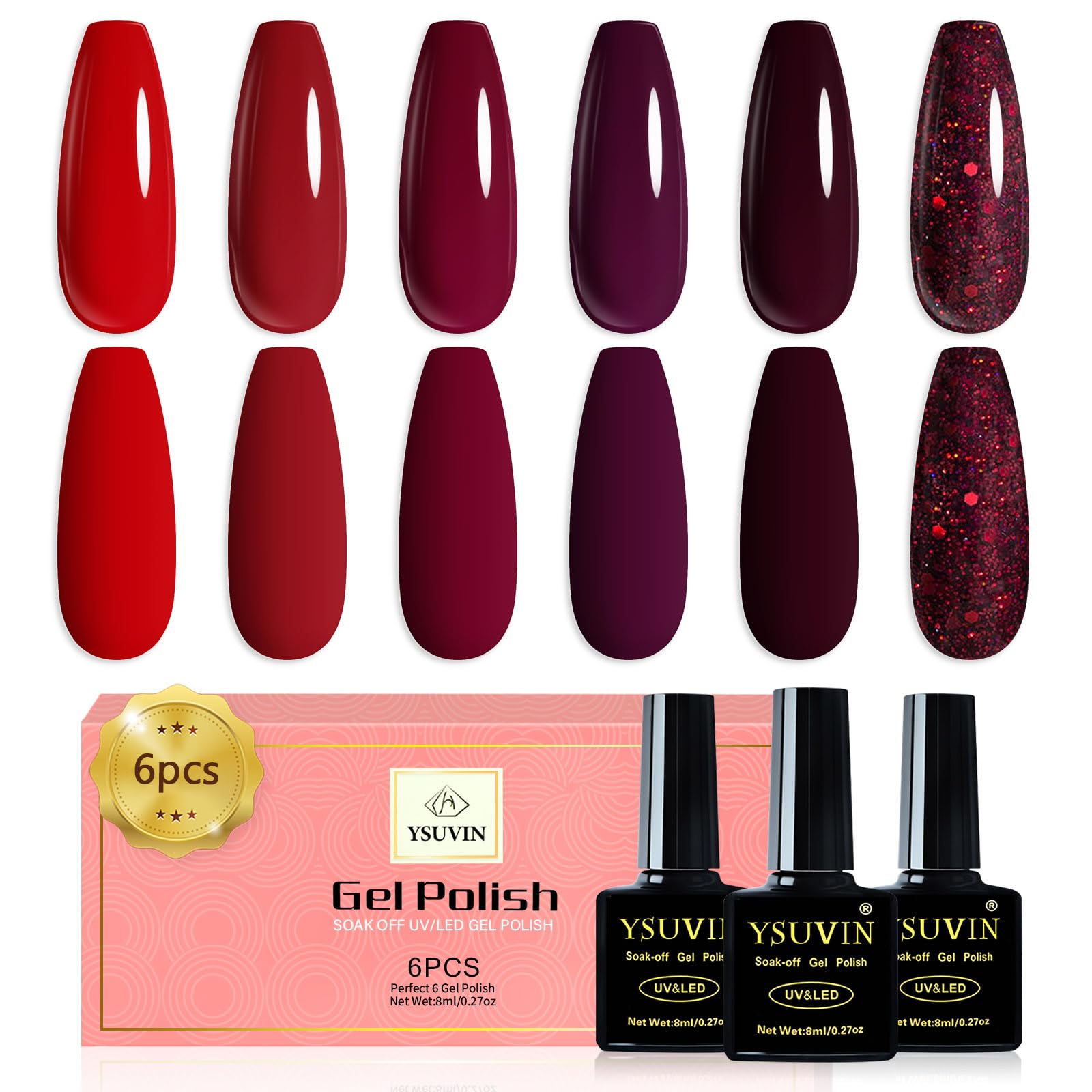 YSUVIN Esmaltes Semipermanentes Para Uñas, 6 Colores Rojo Burdeos Oscuro Rojo Cereza Vino Glitter Otoño Invierno Pintauñas Gel Soak Off UV LED Navideñas De Halloween Kit De Manicura, 8 ML