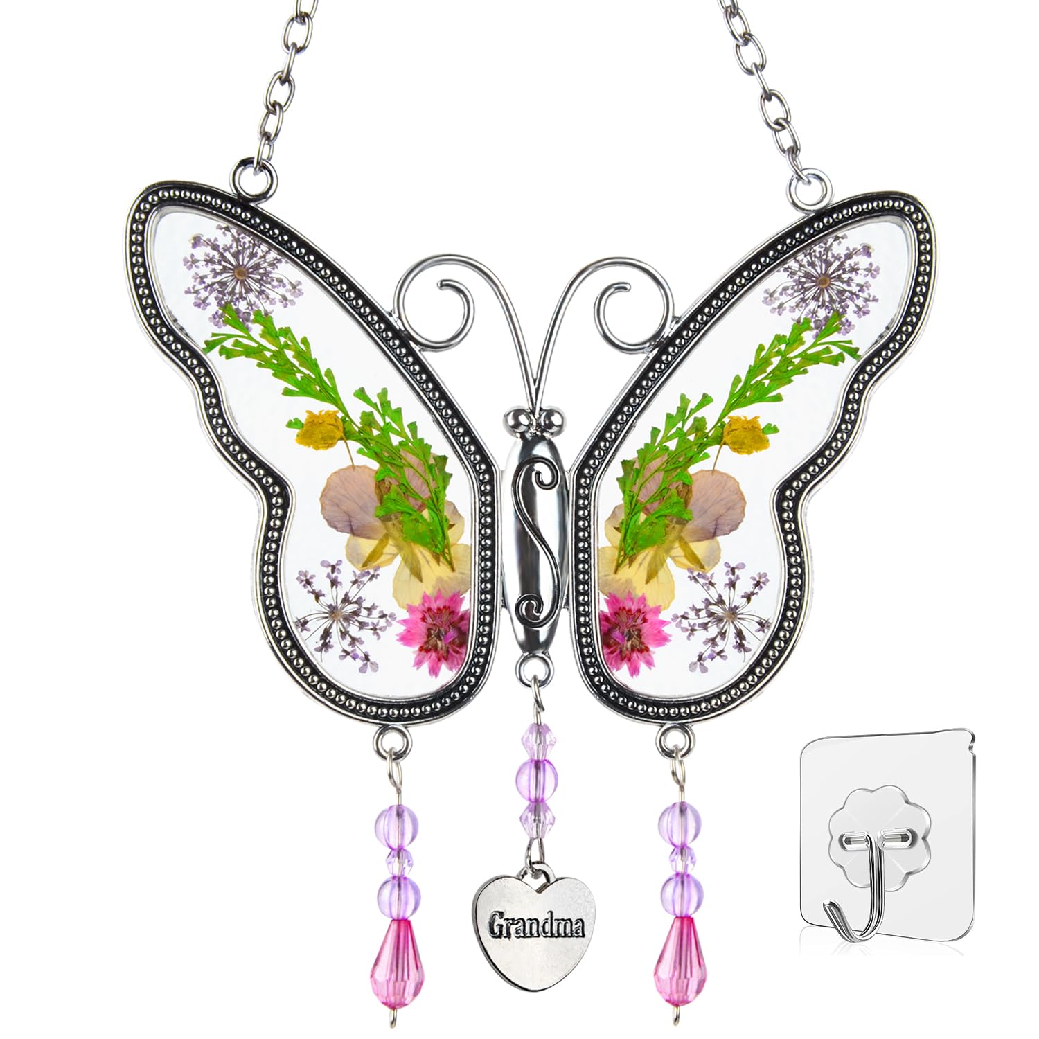 SagekiaButterfly Suncatcher with Pressed Flower Wings, Butterfly Glass Wind Chime Ornament Charm with Metal Heart Gifts for Grandma