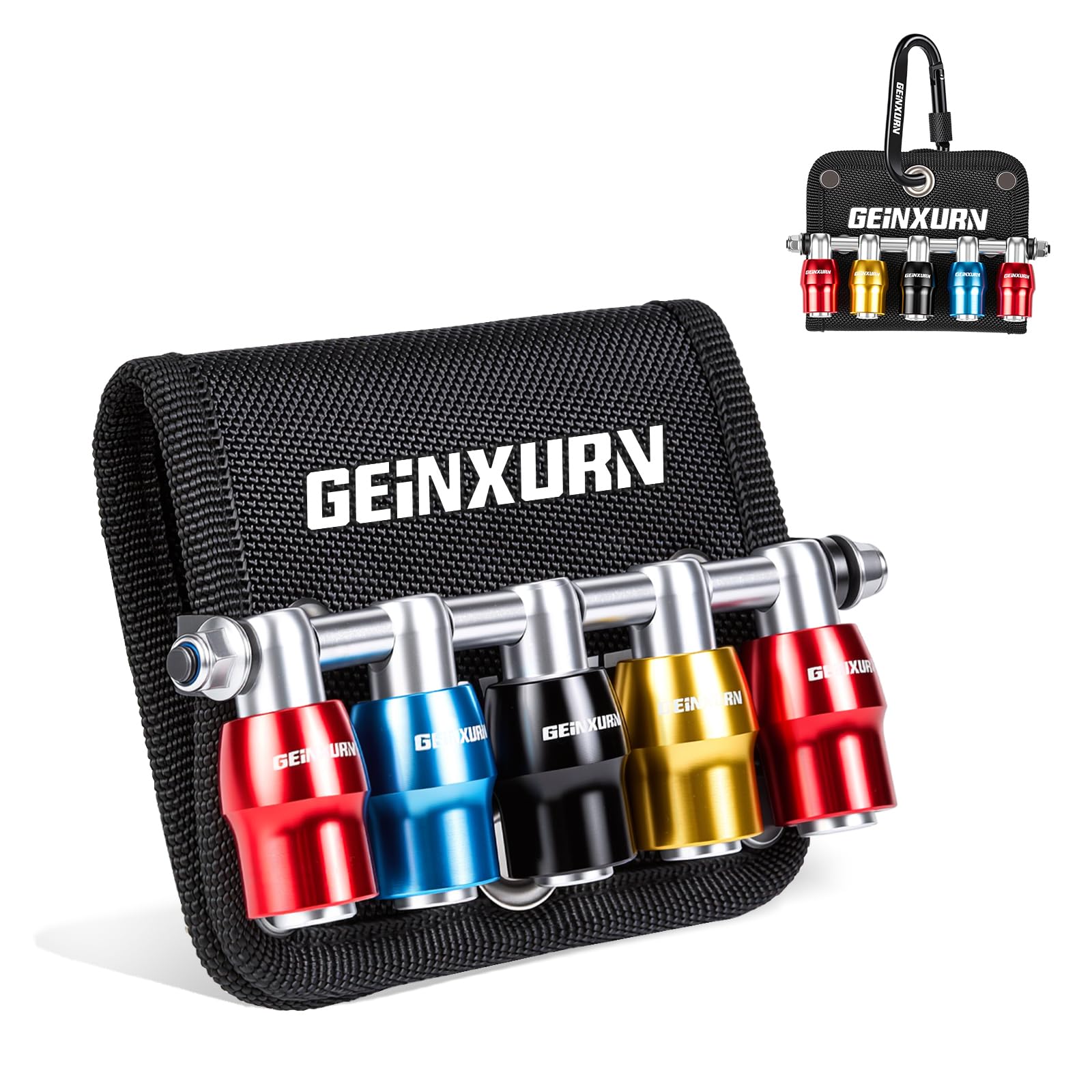Geinxurn 5Pcs 1/4” Shank Bit Holder Set, Magnetic Drill Bit Holder with Polyester Belt Loop Organizer, Double Lock Quick Release & Change Aluminum Bits Storage with Carabiner for Outdoor Work