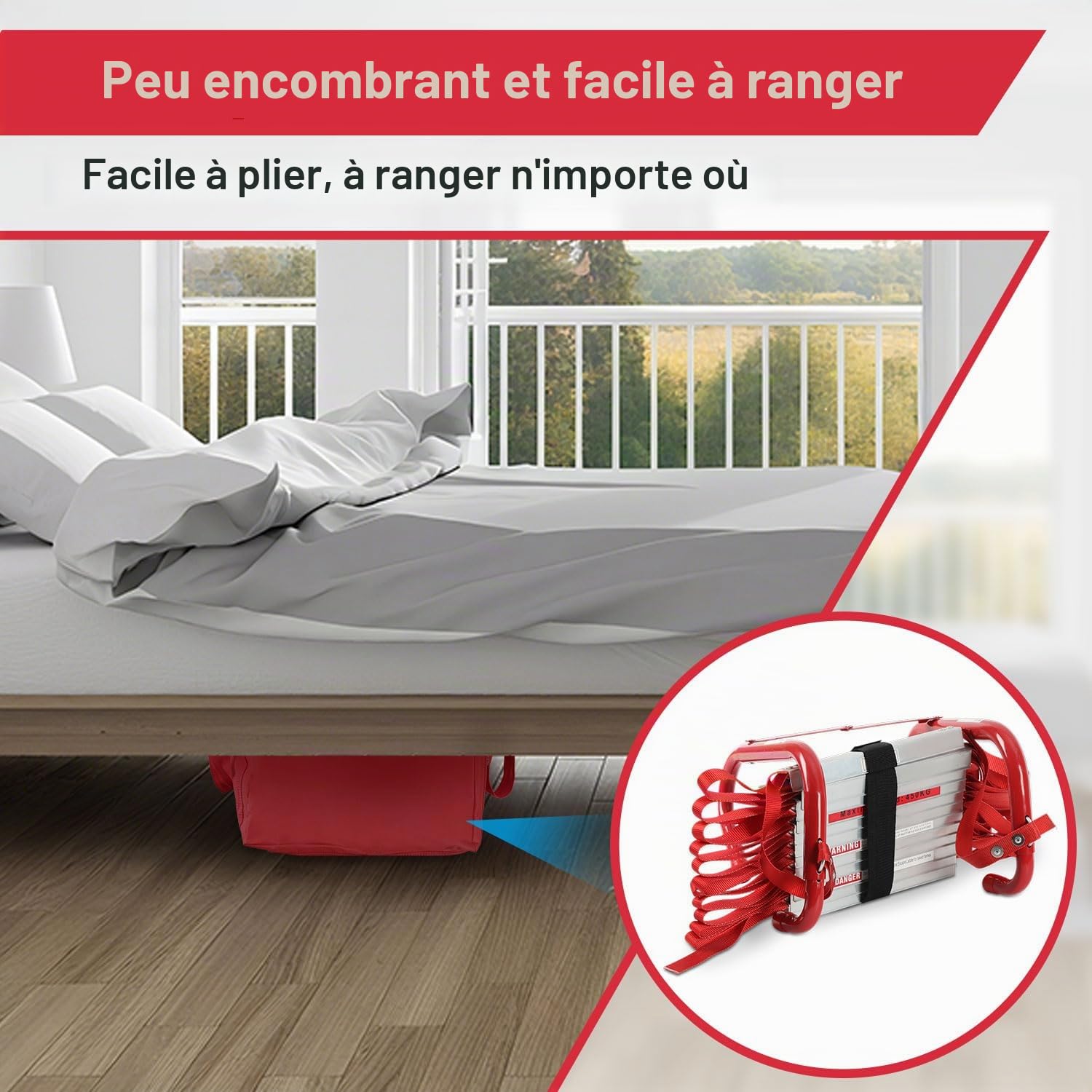 Eulenke Échelle de feu pliable de 4,5 m avec déploiement rapide en 3 secondes et crochets réglables - Charge maximale : 450 kg - Certifié EN1147 - Pour la maison, l'école, le bureau - Échelons