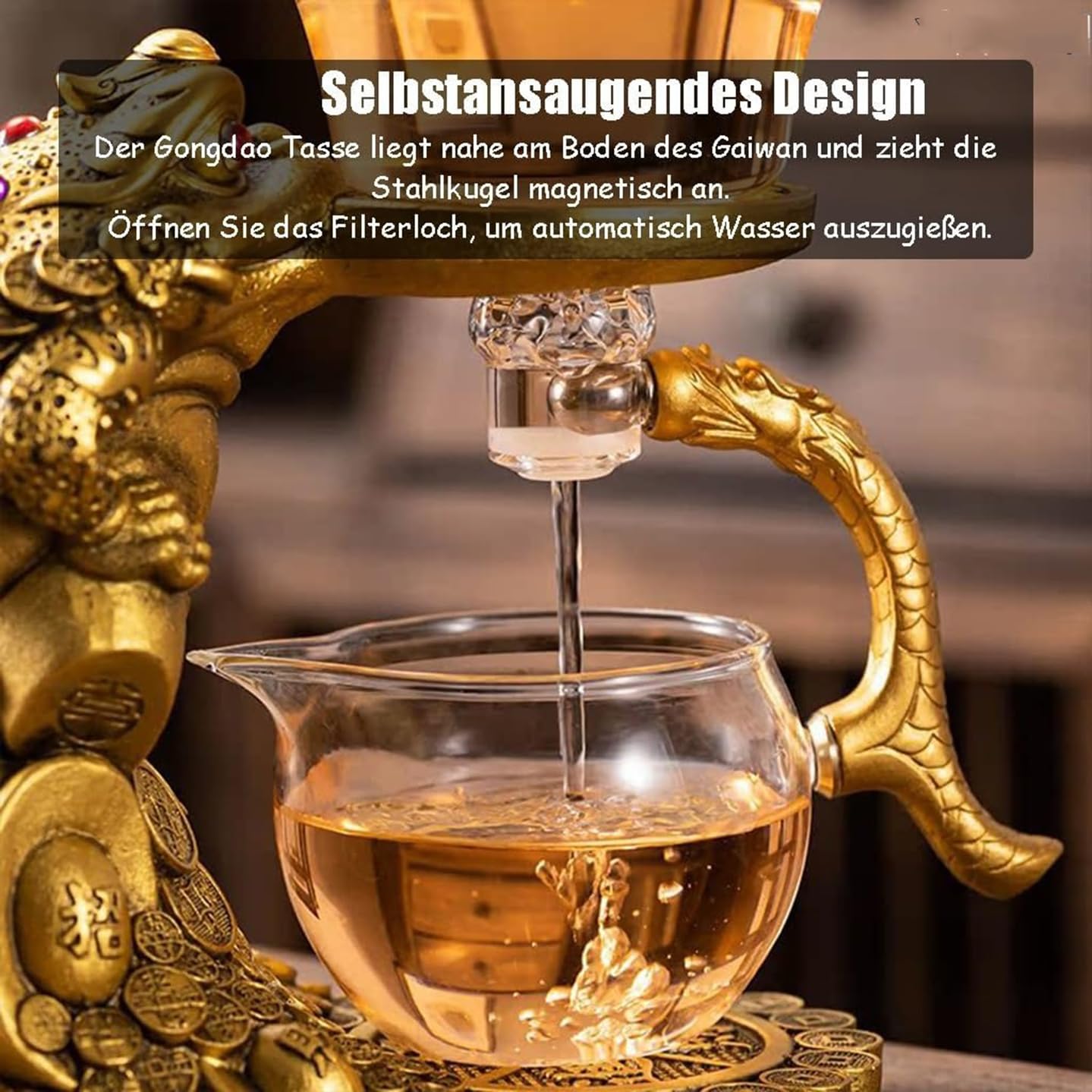 Kreatywny złoty żółw wzór Lenia Kung Fu Szklany Serwis do Herbaty Półautomatyczny Zestaw do Herbaty, Odpowiedni dla Miłośników Herbaty, Serwis do Herbaty (300ml/350ml)