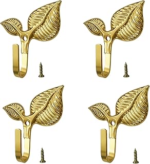 Set of 4 Vintage Leaf Wall Hooks Golden Metal Coat Hooks Heavy Duty Deco...
