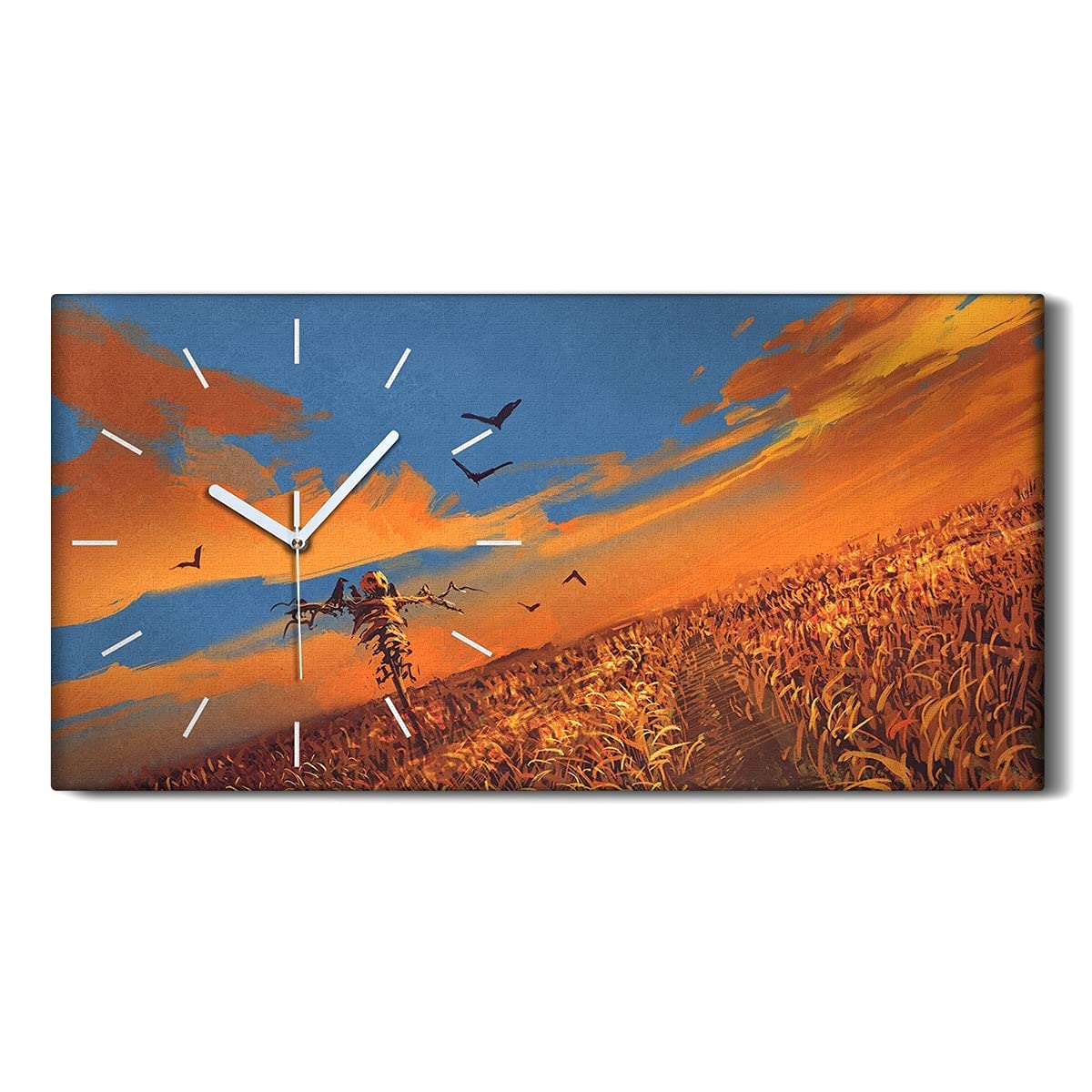 Horloge sur Toile 60x30cm Coucher de Soleil Épouvantail pour Salon
