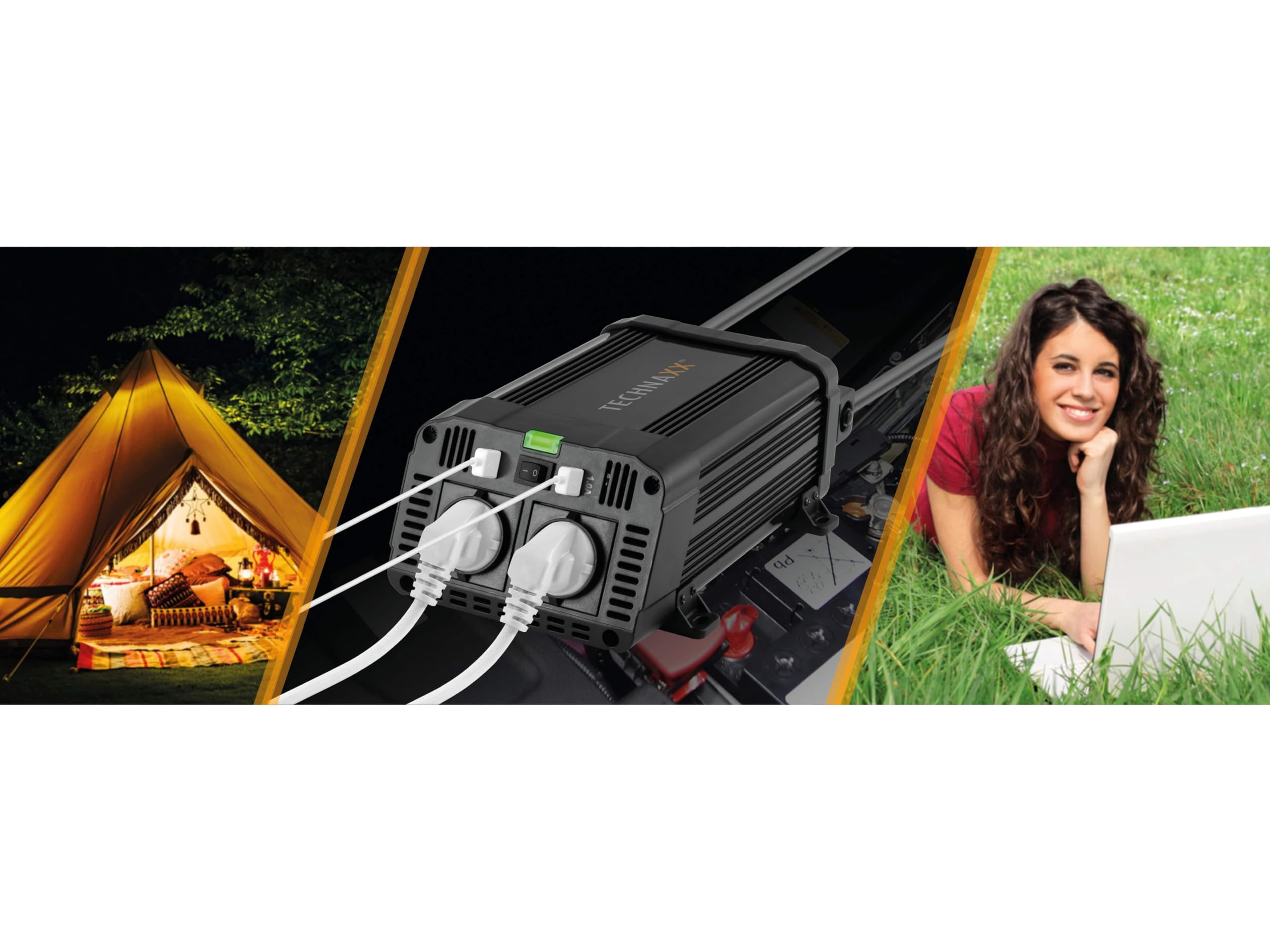 Technaxx Falownik samochodowy 12 V na 230 V – certyfikowany przez TÜV Rheinland inwerter samochodowy z 2 wtyczkami Schuko i 2 x portem USB – Power 1200 W / 2400 W (końcówka) – przetwornica napięcia
