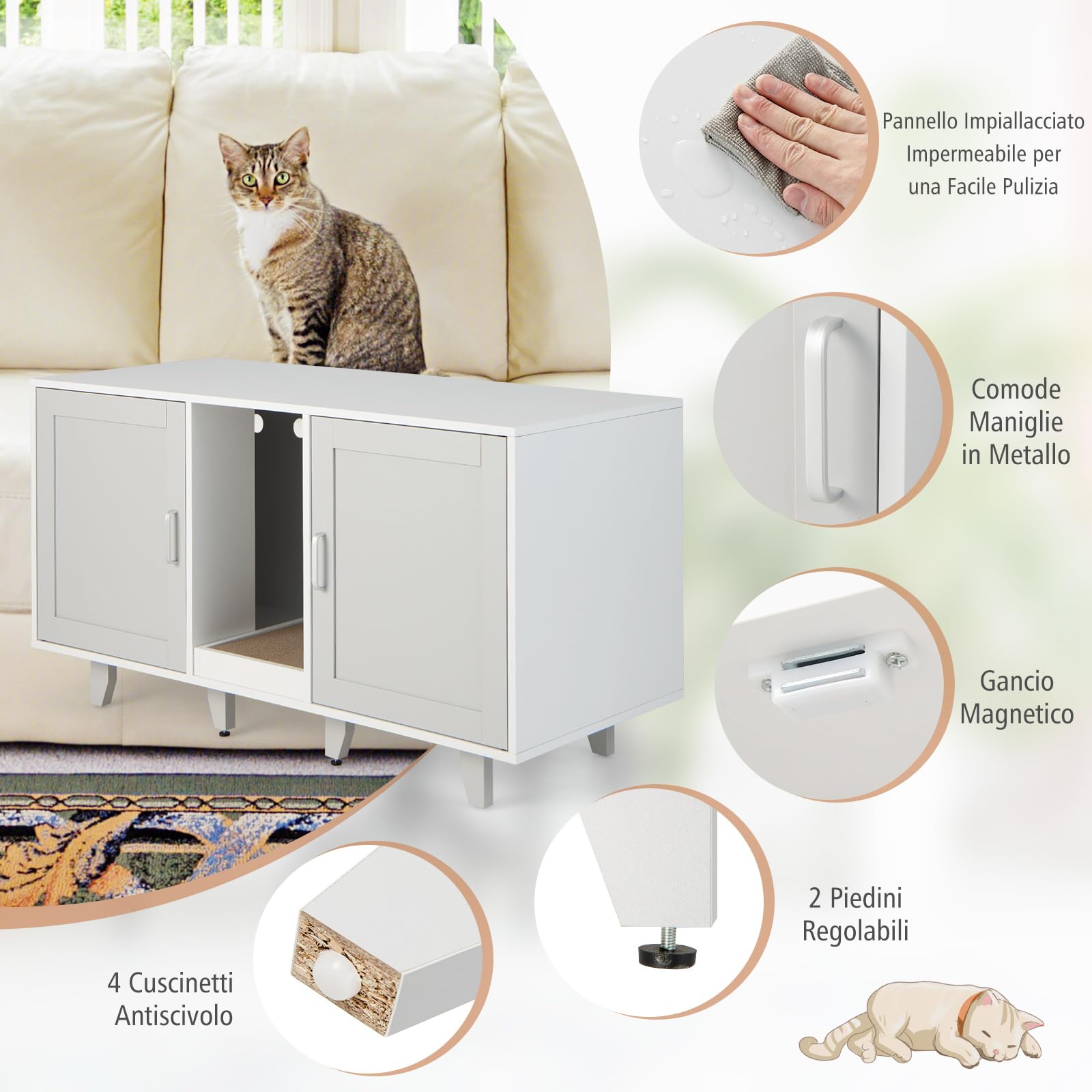 COSTWAY Mobile per Lettiera per Gatti 120 x 52 x 65 cm, Casetta per Gatti con 2 Ante, Fori, Tiragraffi e Gambe Staccabili, Mobile Versatile e Moderno per Salotto (Bianco e grigio)