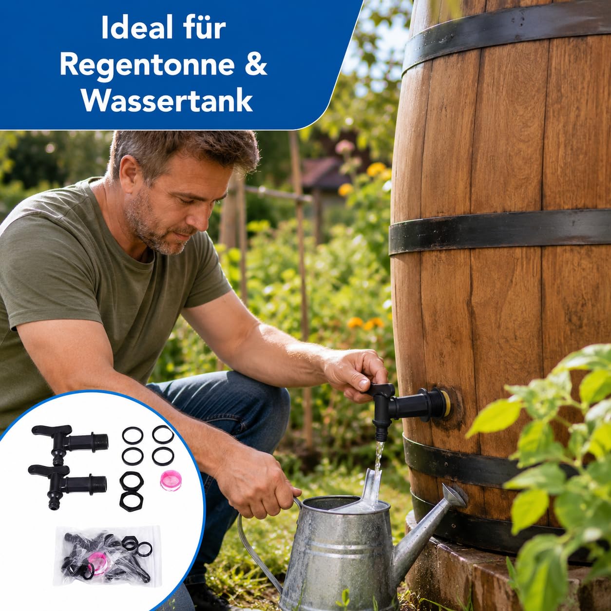 2 Stück Auslaufhahn für Regentonne, Wasserhahn 3/4 Zoll Kunststoff Ersatzhahn mit Dichtung, Mit Dichtung Kontermutter Dichtband, Kontermutter Dichtband für Wassertank Regenwassertonne Regenfass Garten