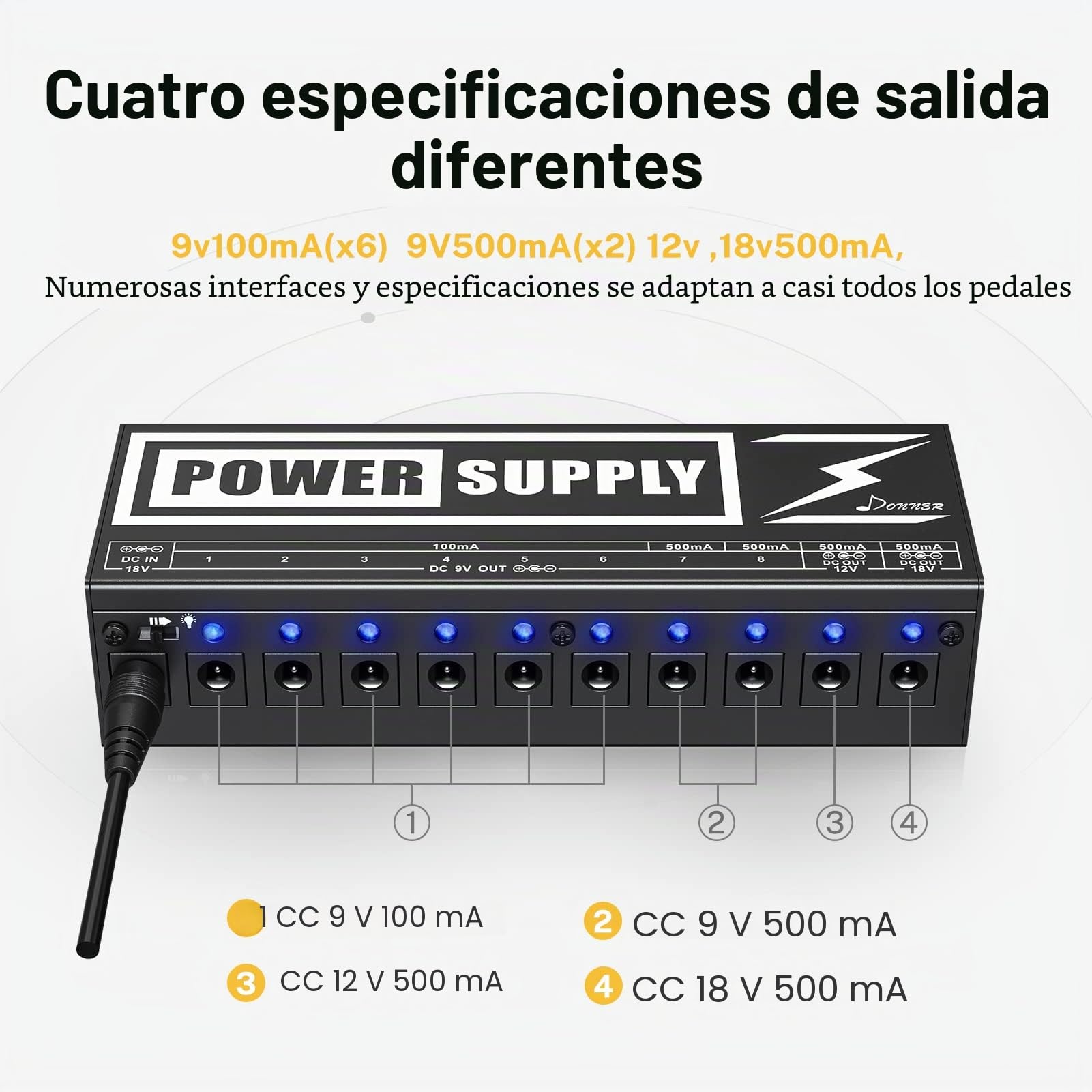 Donner DP-2 Fuente de Alimentación para Pedal de Efectos para Guitarra Portable, con Adaptador y Cables de Alimentación, Versión Avanzada