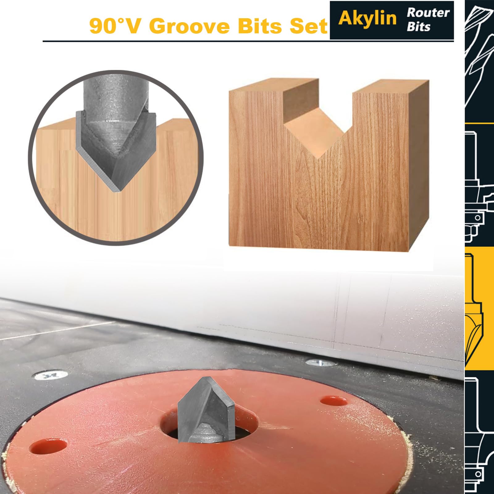 4pcs 90 Degree V Groove Router Bit Set, 1/4" Shank, Carbide Tips, V Grooving Cutters for Wood Carving Engraving & Signmaking - Image 4