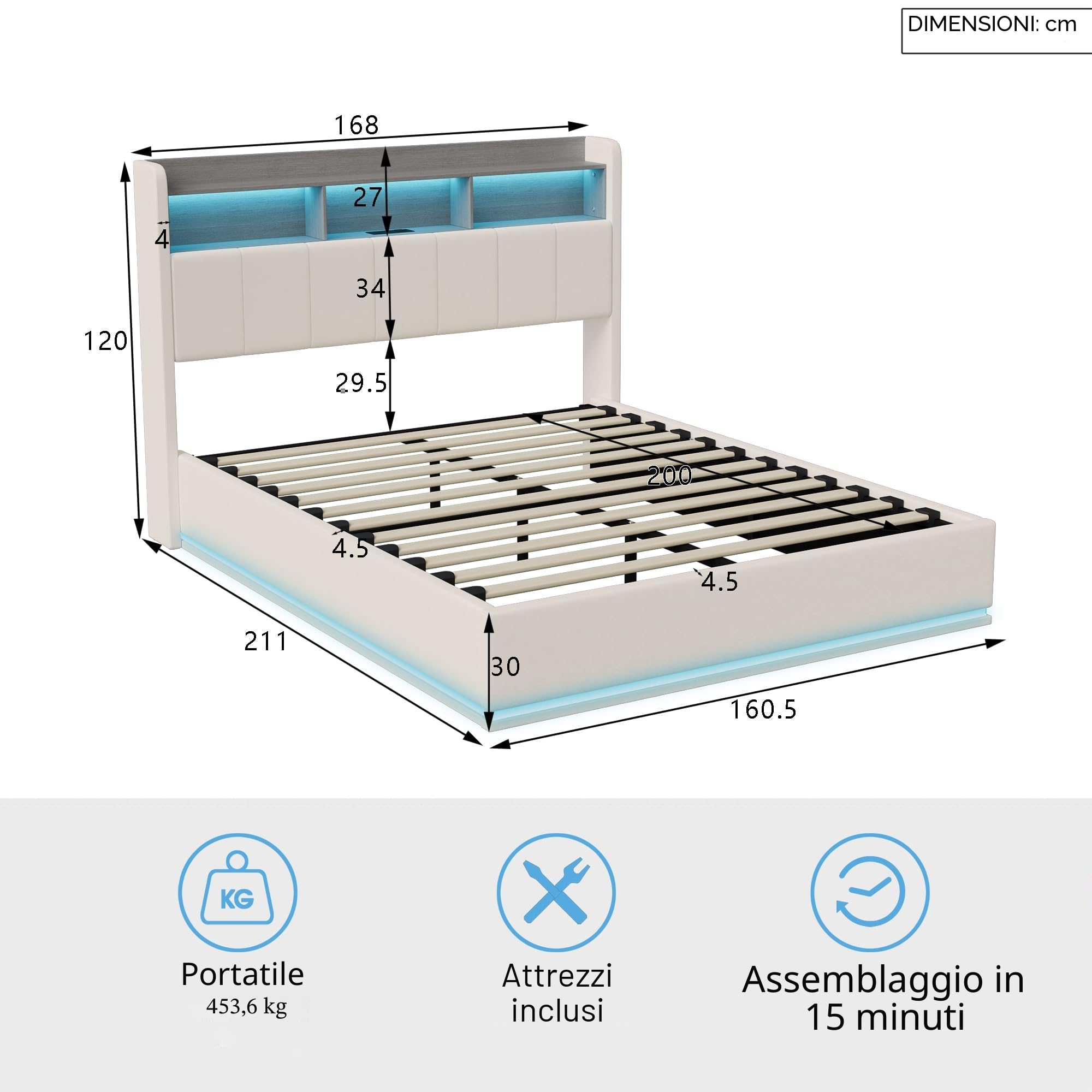 KeepGoon Letto matrimoniale contenitore 160x200 cm, letto imbottito in velluto bianco con rete a doghe, sollevamento idraulico, testiera con vani, LED e USB