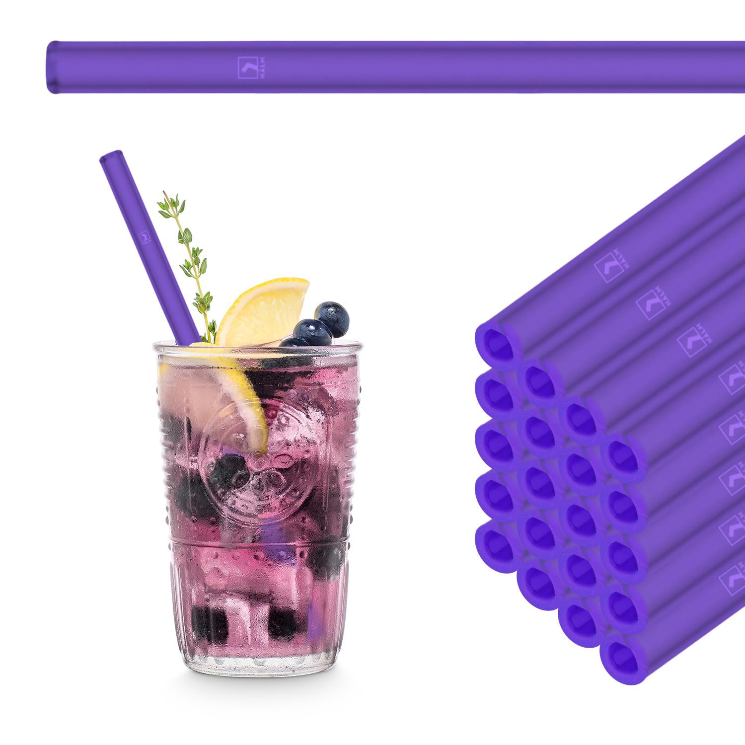 HALM Lila Glasstrohhalme Wiederverwendbar Strohhalm - 50 Stück gerade 20 cm für Gastronomie, Restaurant, Bar, Cafe, Hotel - Spülmaschinenfest - Glastrinkhalme Trinkhalme aus Glas