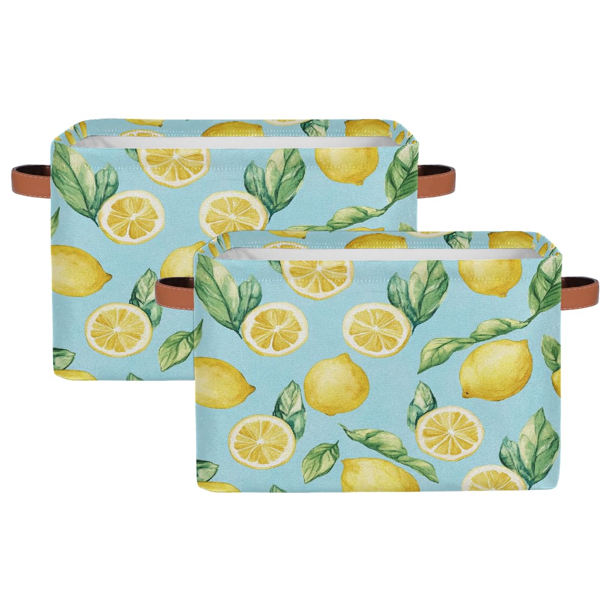 Mexpekil Cesta de almacenamiento de juguetes para niños, plegable, con hojas de limones amarillos, organizador de tela para estantes, cesta de regalo grande con asas, 2 unidades