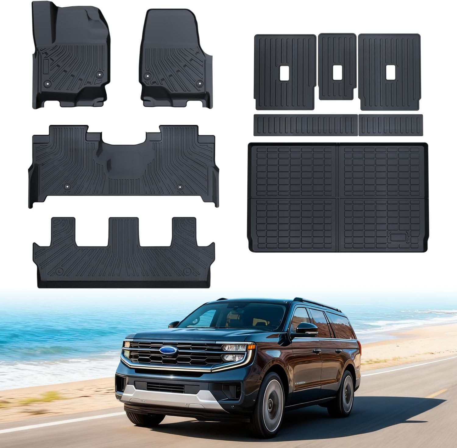 Car Floor Mats Fits for 2025 Ford Expedition MAX 8 Seats TPE Full Set All Weather Protection Anti-Slip with Cargo Trunk Mat 2nd Row & 3rd Row Backrest Automotive Expedition Accessories