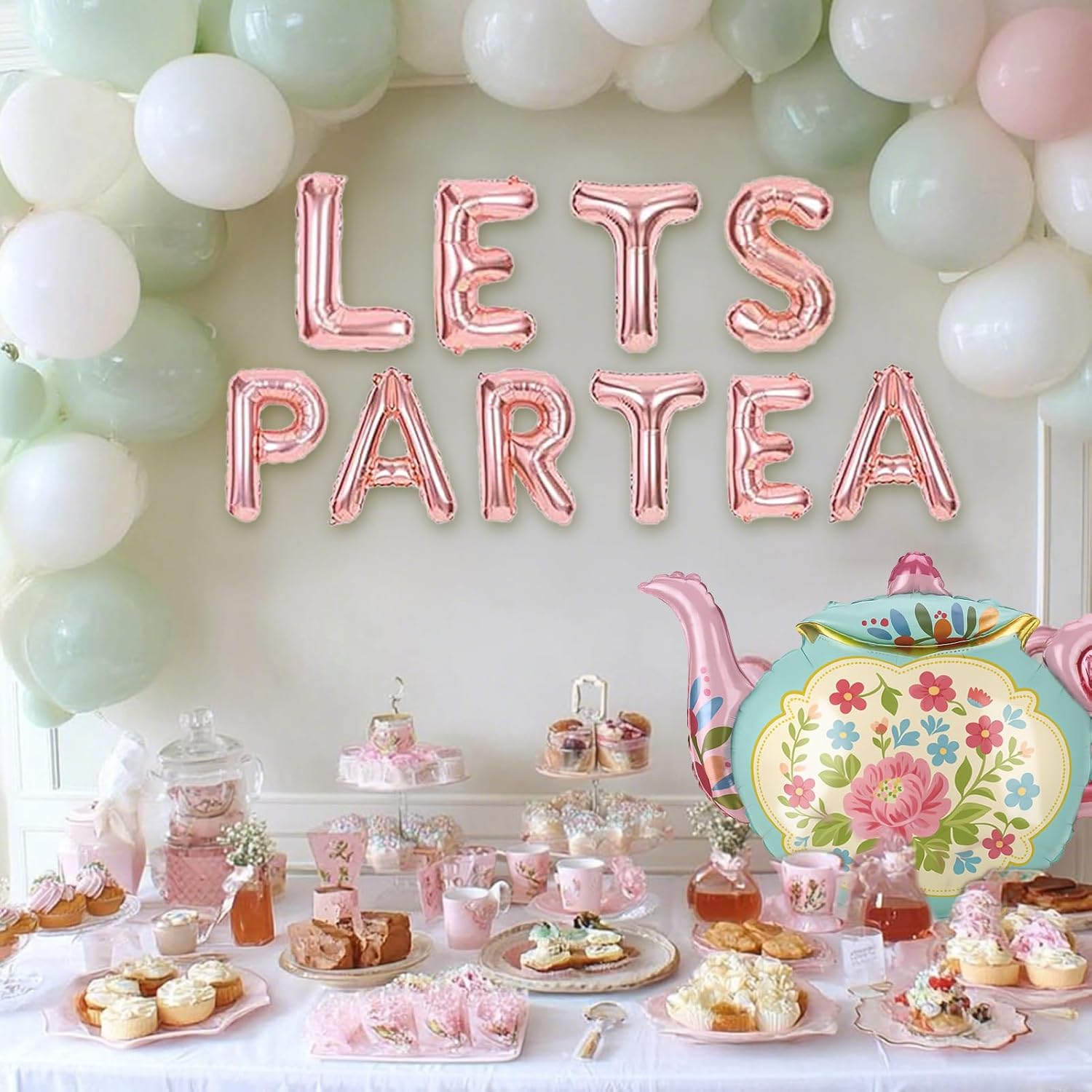 102 Pcs Tea Party Balloons, 35" Huge Teapot Aluminum Foil Balloons Pink Green Gold Confetti Latex Balloon for Girls Birthday Let's Par Tea Baby Shower Bridal Shower Garden Party Decorations Supplies - Image 8