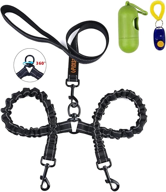 Dog Double Leads Dog Lead Splitter With Soft Handle No Tangle Dual Leash for Two Dogs Reflective Shock Absorption, Dual Dog Walking & Training Leash