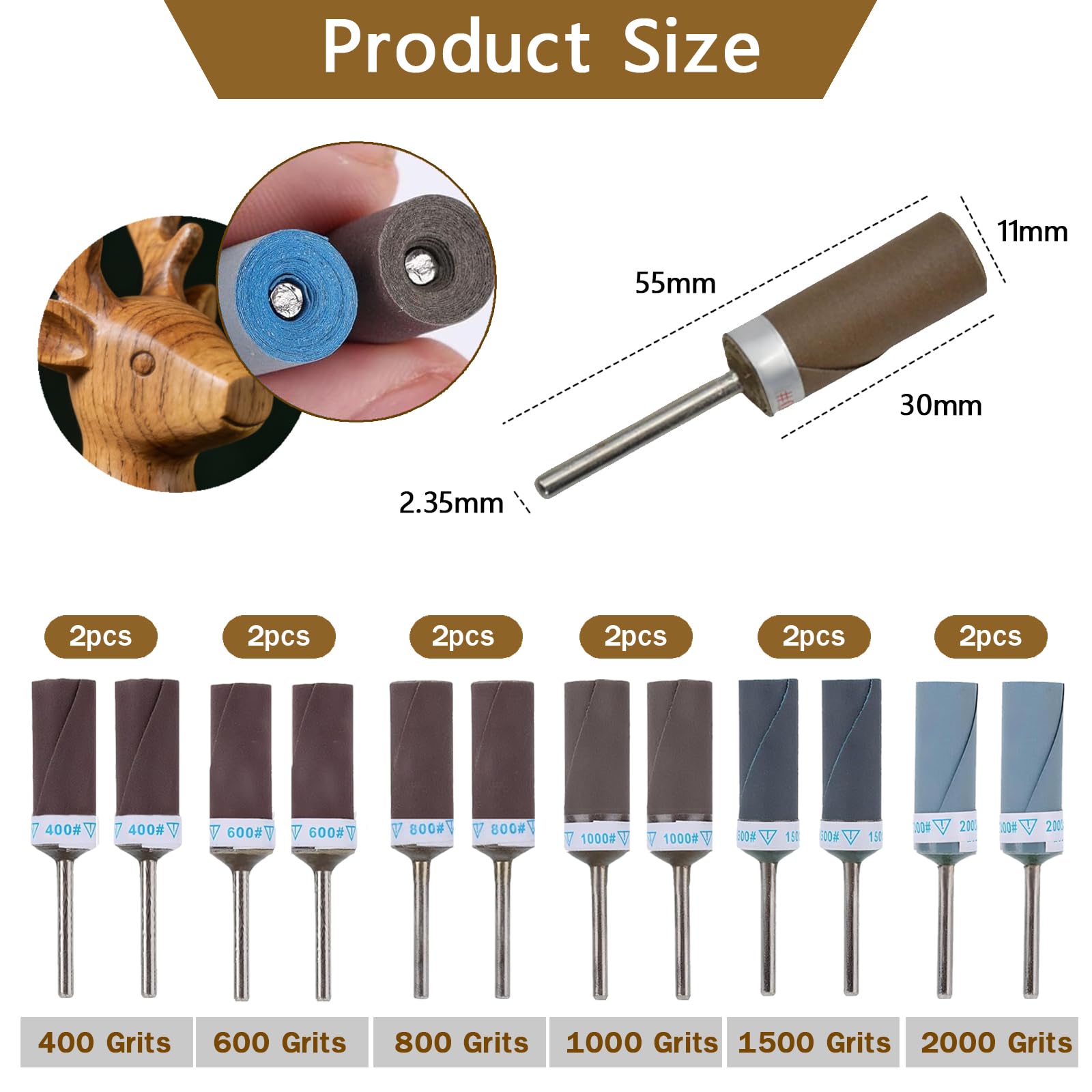 Juego de 12 varillas de lija de grano 400-2000, brocas de lijado para Dremel, bandas de lijado para madera, tambores de lijado, palos de papel de lija, tambores de lijado de grano para vidrio, joyas