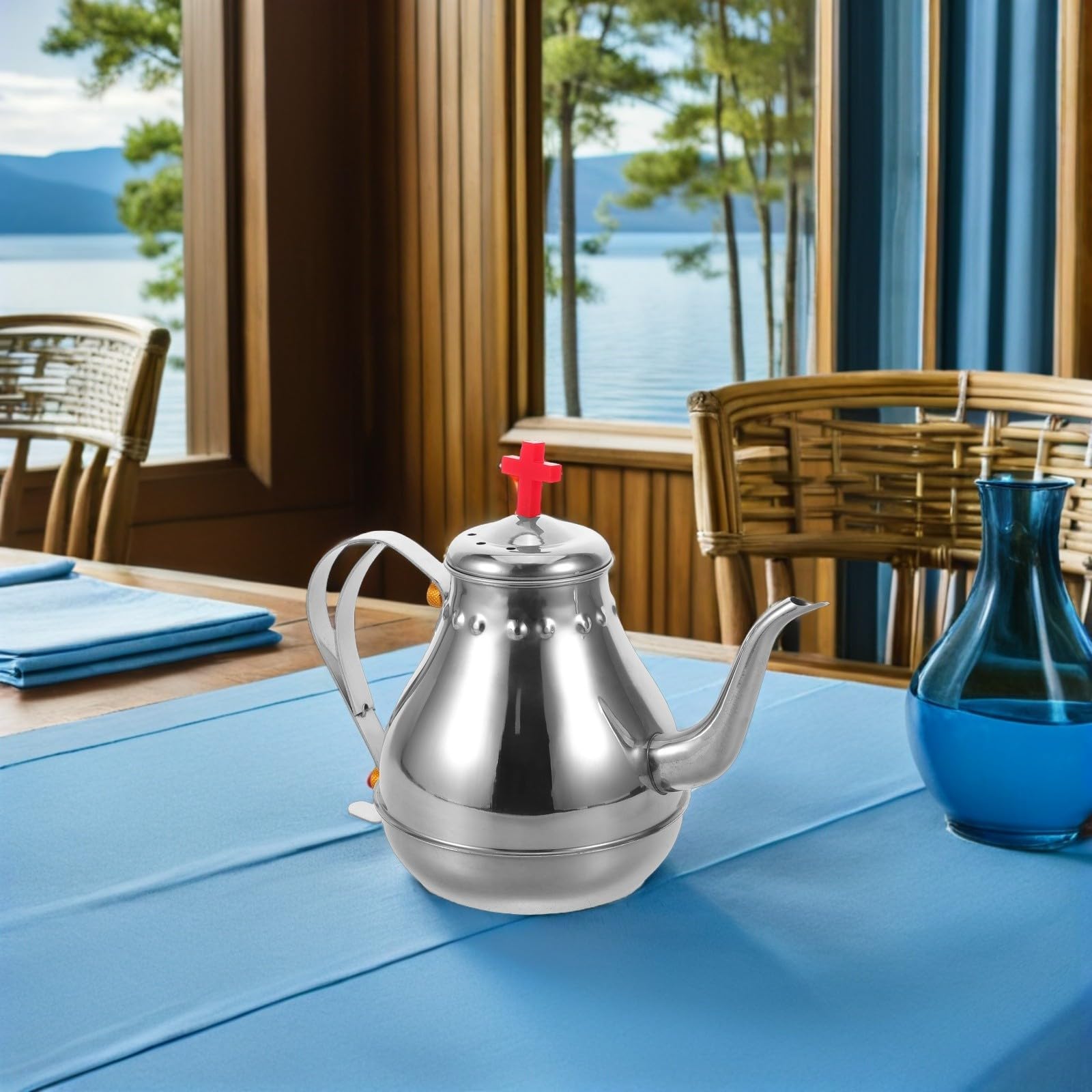 Tetera de Acero Inoxidable de 1.2l Tapa Roja y Diseño Vintage Elegante, Adecuado para Reuniones Religiosas y Uso en Restaurantes Construcción Resistente y Bordes Redondeados