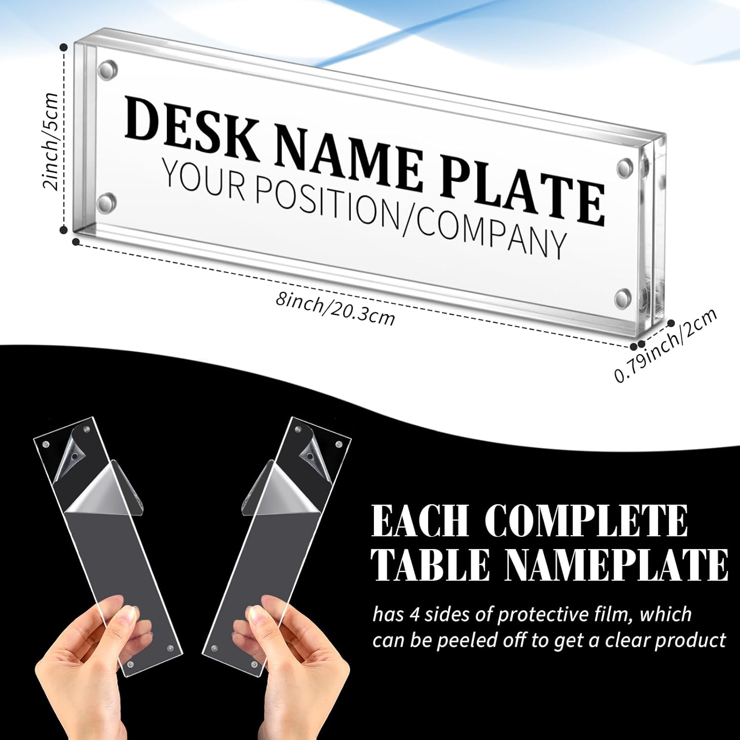 Geetery 2 Pcs Acrylic Office Desk Name Plate Personalized Clear Acrylic Block Double Sided Table Name Plate Holder Business Magnet Frame DIY Desktop Holder Accessories Decor (2" x 8") - Image 2