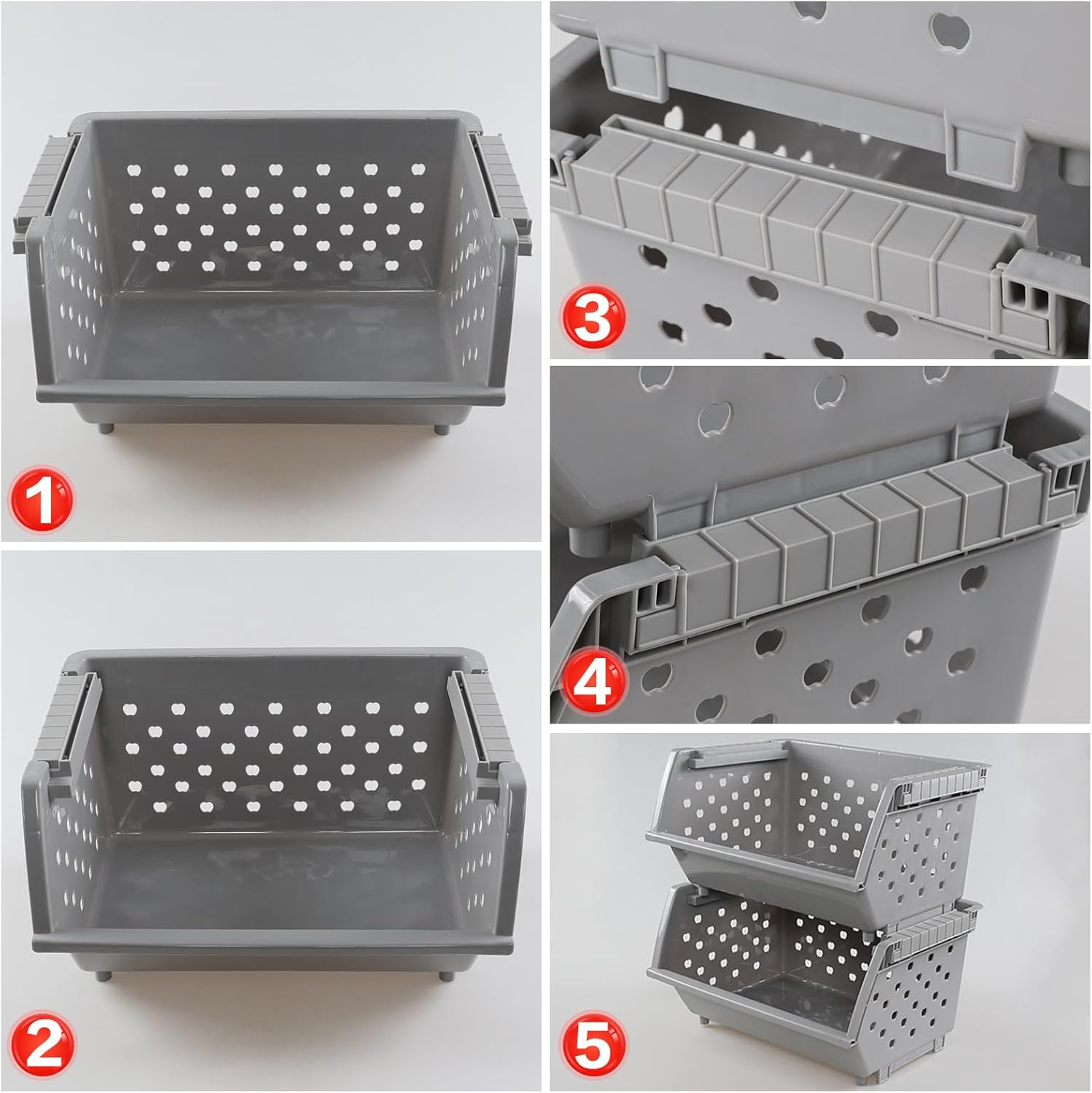 3 Pack Plastic Stackable Storage Baskets, Open Front Stacking Bins, Grey