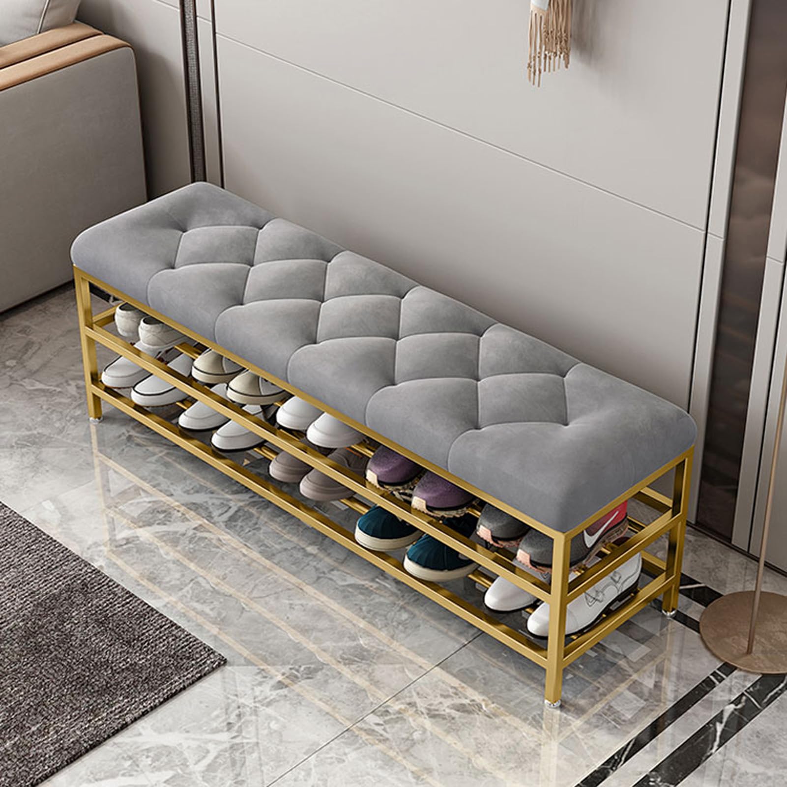 Banquette de rangement velours pour résoudre le désordre des chaussures