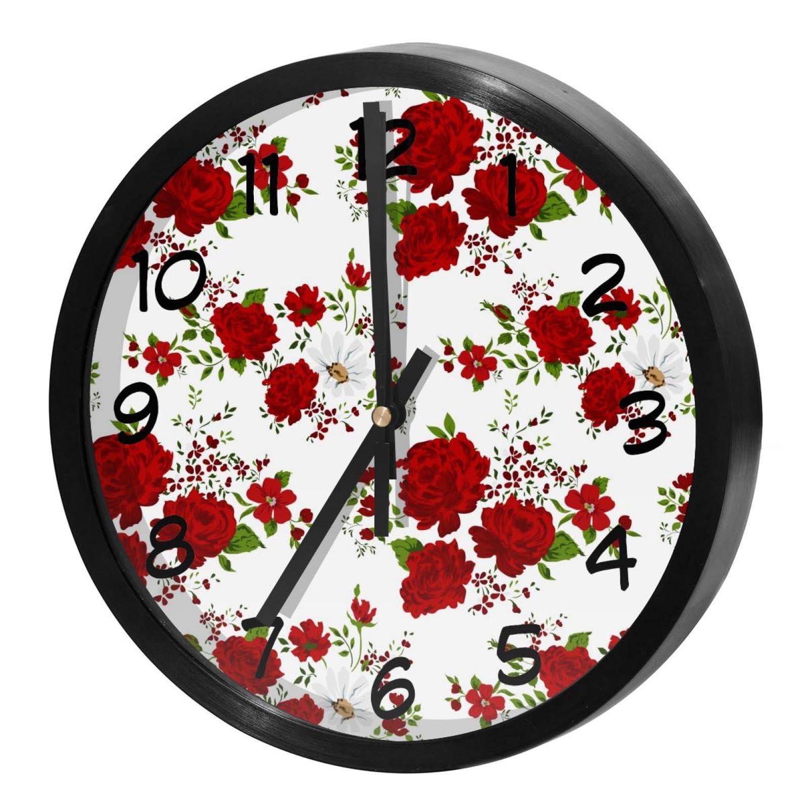 Horloge murale silencieuse à quartz fleurs rouges pour cuisine