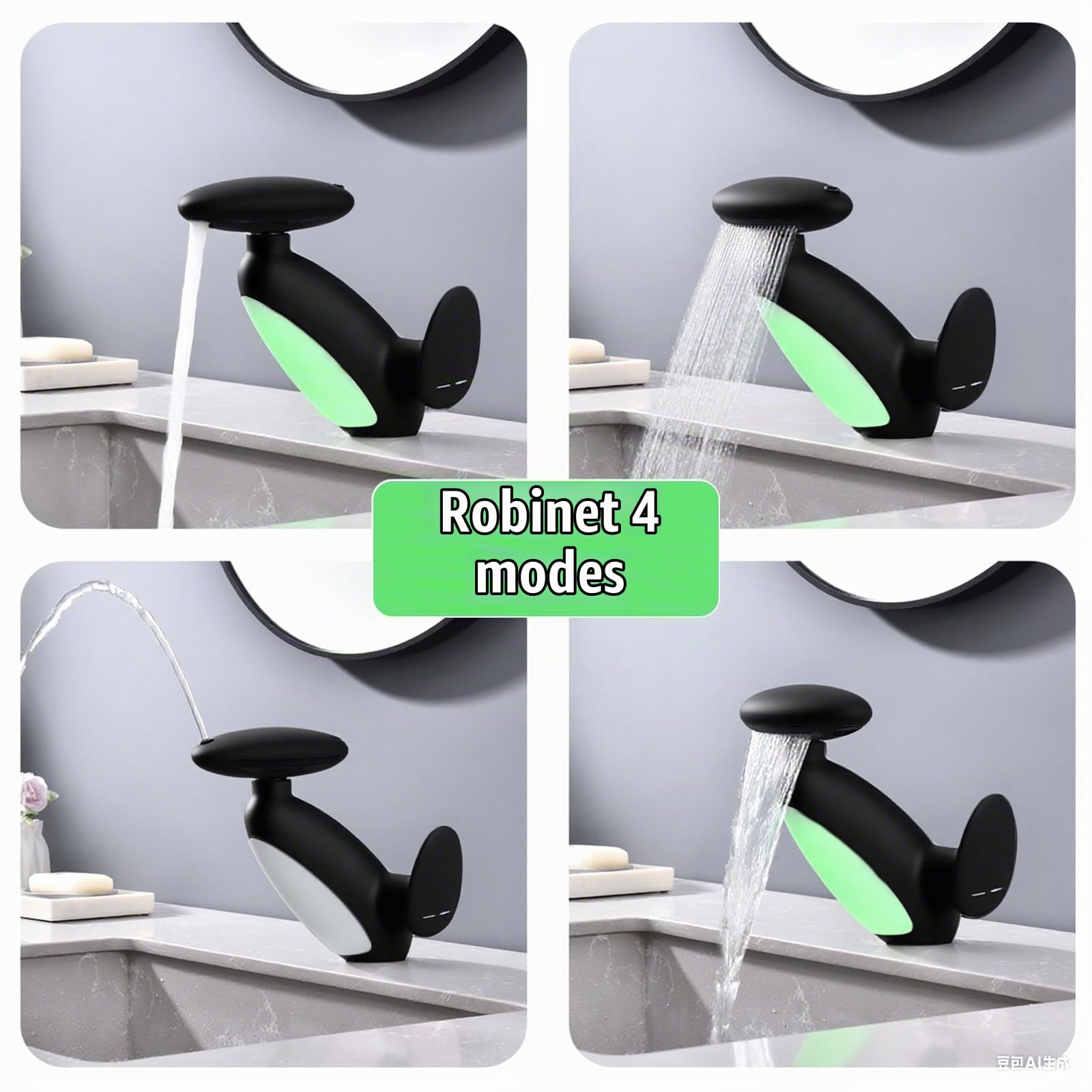 Robinet Salle Bain avec Douchette Extractible à 4 Modes, LED Robinet de lavabo Cascade, Rotatif à 360° Mitigeur de Lavabo, Moderne G 3/8, Noir
