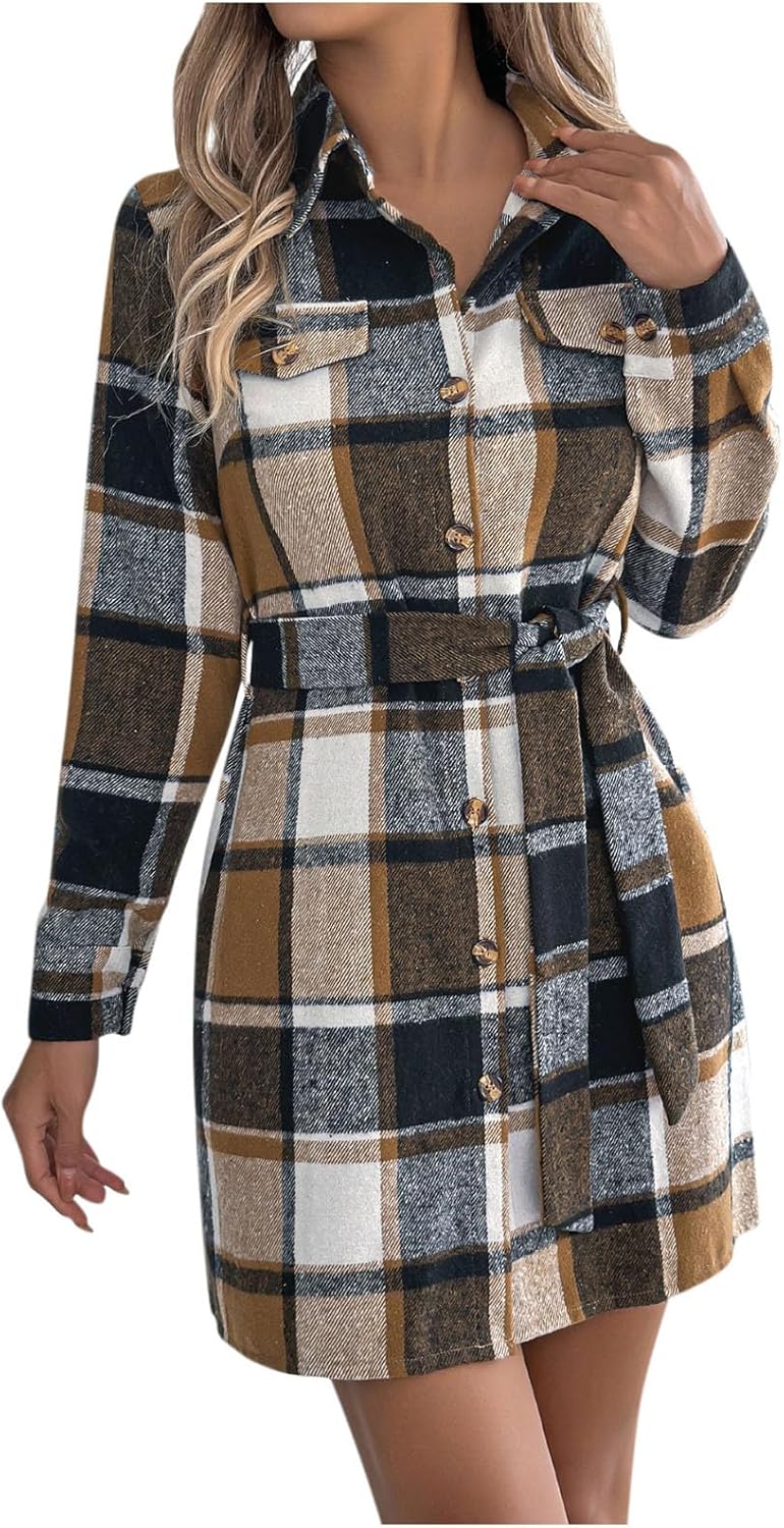 HGps8w Women's 2025 Fall Flannel Plaid Dresses Casual Button Down Long Sleeve Belted Waist Tunic Shirt Mini Dress