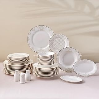 Karaca Siena Service de Table Crockery Set, 53 Pieces, Bone China Crockery Set for 12 People, with Plates, Bowls, Rectangular Serving Plates, Salt and Pepper Shakers, Platinum Plate Set