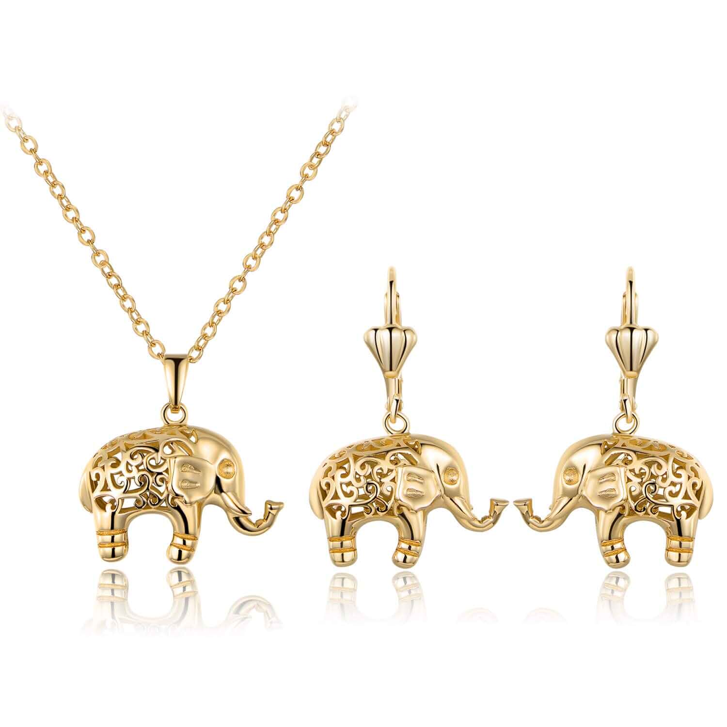 Barzel 18K Gold Plated Filigree Elephant Earrings and Necklace Jewelry Set