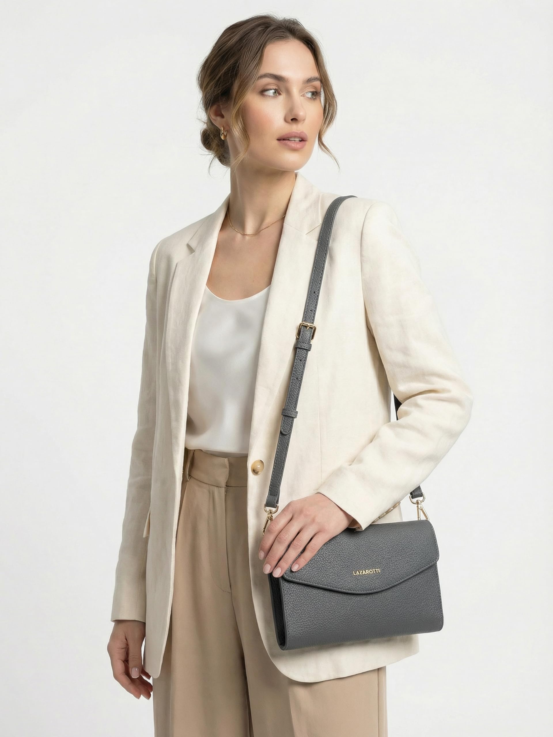 Lazarotti Bologna Leder Clutch | 23 cm mittelgroße Damen Umhängetasche | Hand-Tasche mit abnehmbarem & verstellbarem Schulterriemen
