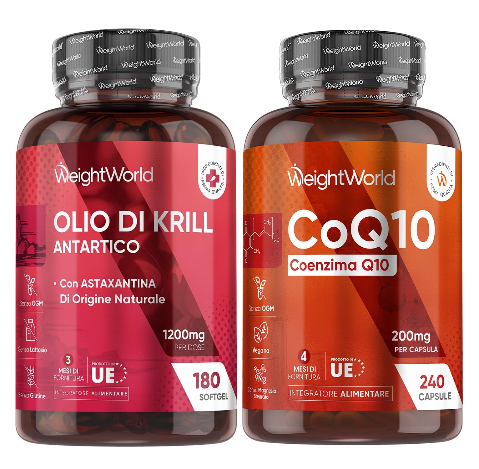 Olio di Krill e Coenzima Q10 Bundle, 180 + 240 Softgel, Omega 3 Krill Antartico 1200mg per Dose, 264mg di EPA DHA, Colina, Q10 Coenzima come Ubiquinone, 200mg per Dose, Senza Glutine, Lattosio né OGM