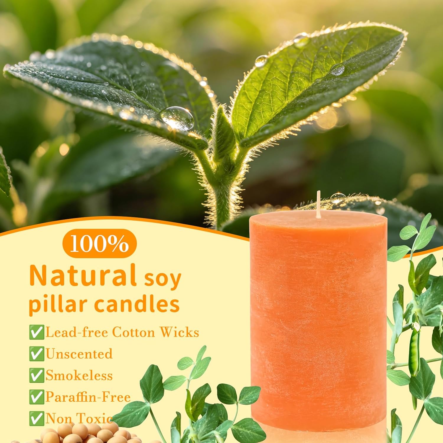 6 Pack Soy Pillar Candles,Natural Soybean Pillar Candles,330 H Long Lasting Burning-Unscented,Dripless and Smokeless Rustic Burnt Orange Hand-Poured Candles Dinner Table,for Wedding,Home 2.8x4in